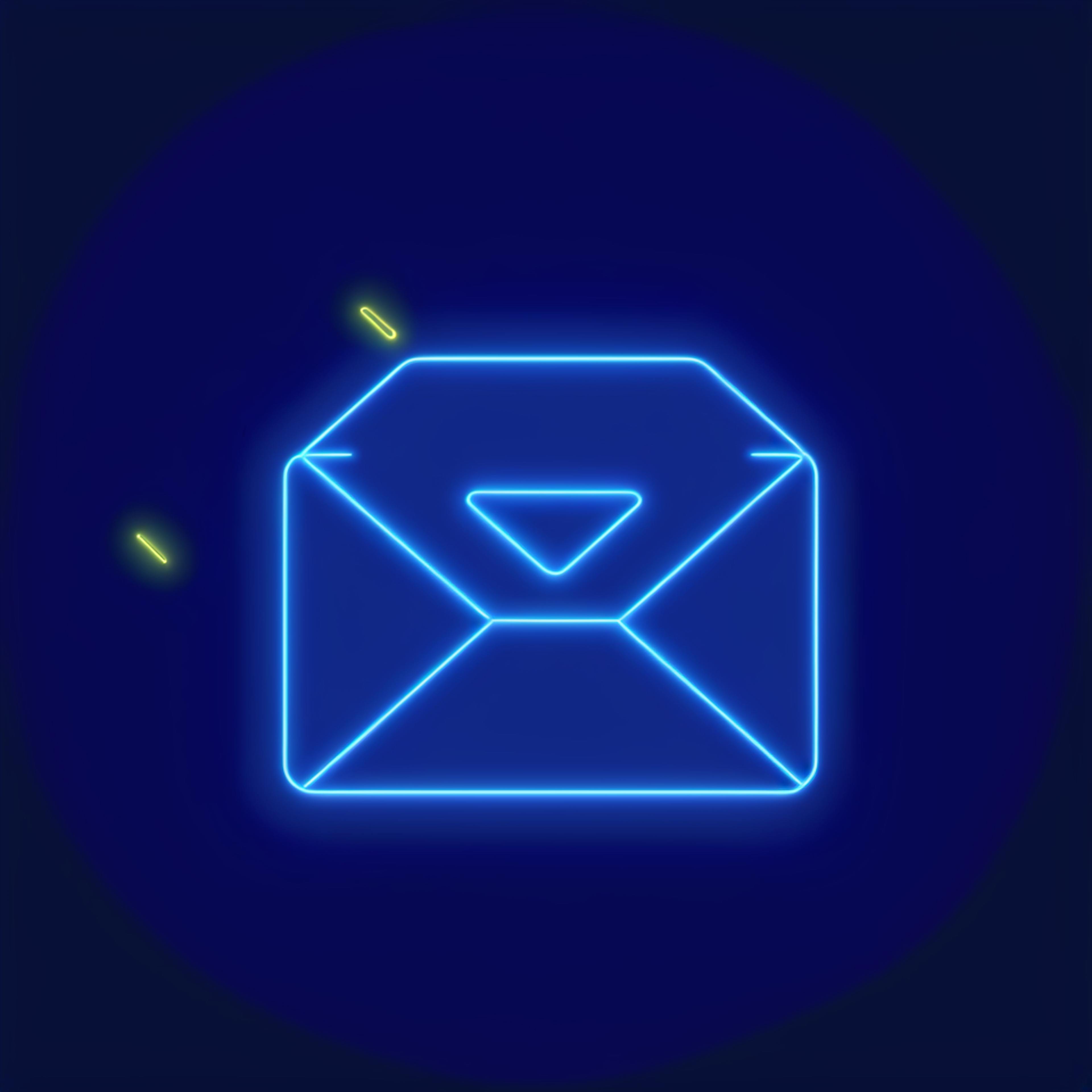 A neon blue open envelope icon with a glowing yellow accent, symbolizing an open email or new message.