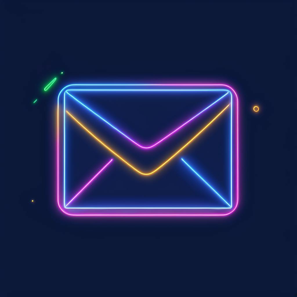 A multicolored neon envelope icon with bright pink, yellow, and blue outlines on a dark background, representing vibrant email communication.