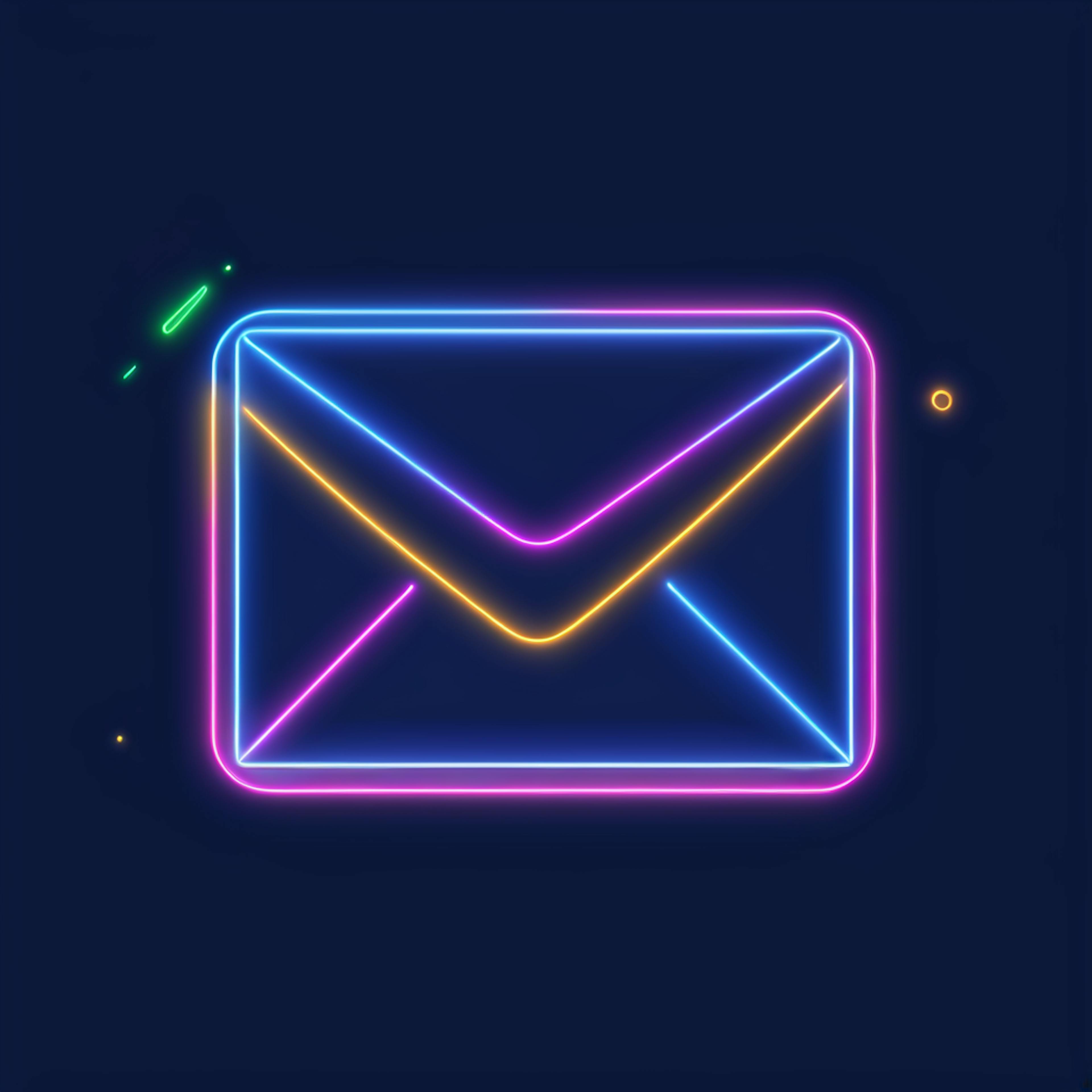 A multicolored neon envelope icon with bright pink, yellow, and blue outlines on a dark background, representing vibrant email communication.