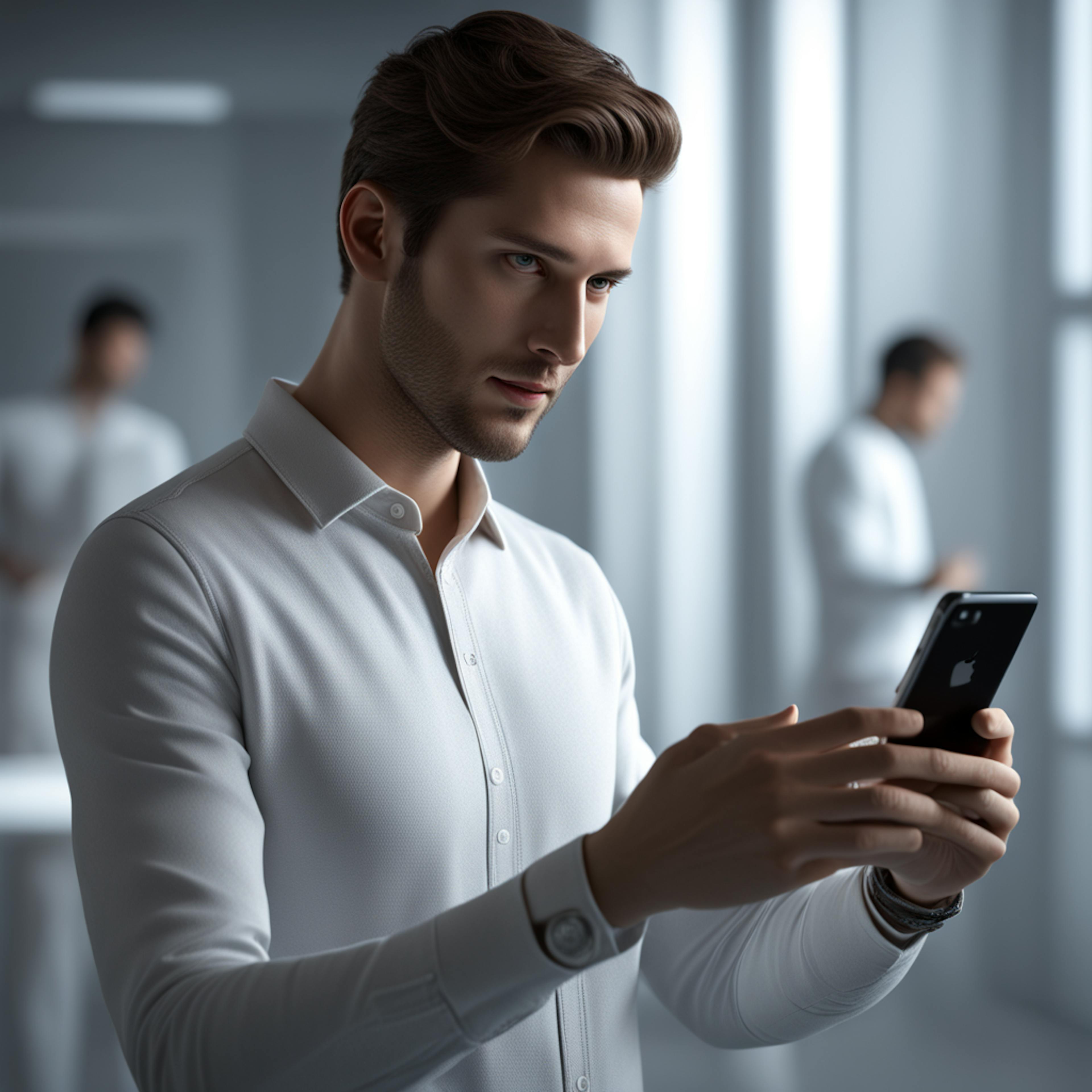 A focused man in a white shirt is using a smartphone in a modern, sleek environment, suggesting a professional setting related to social media or digital communication.