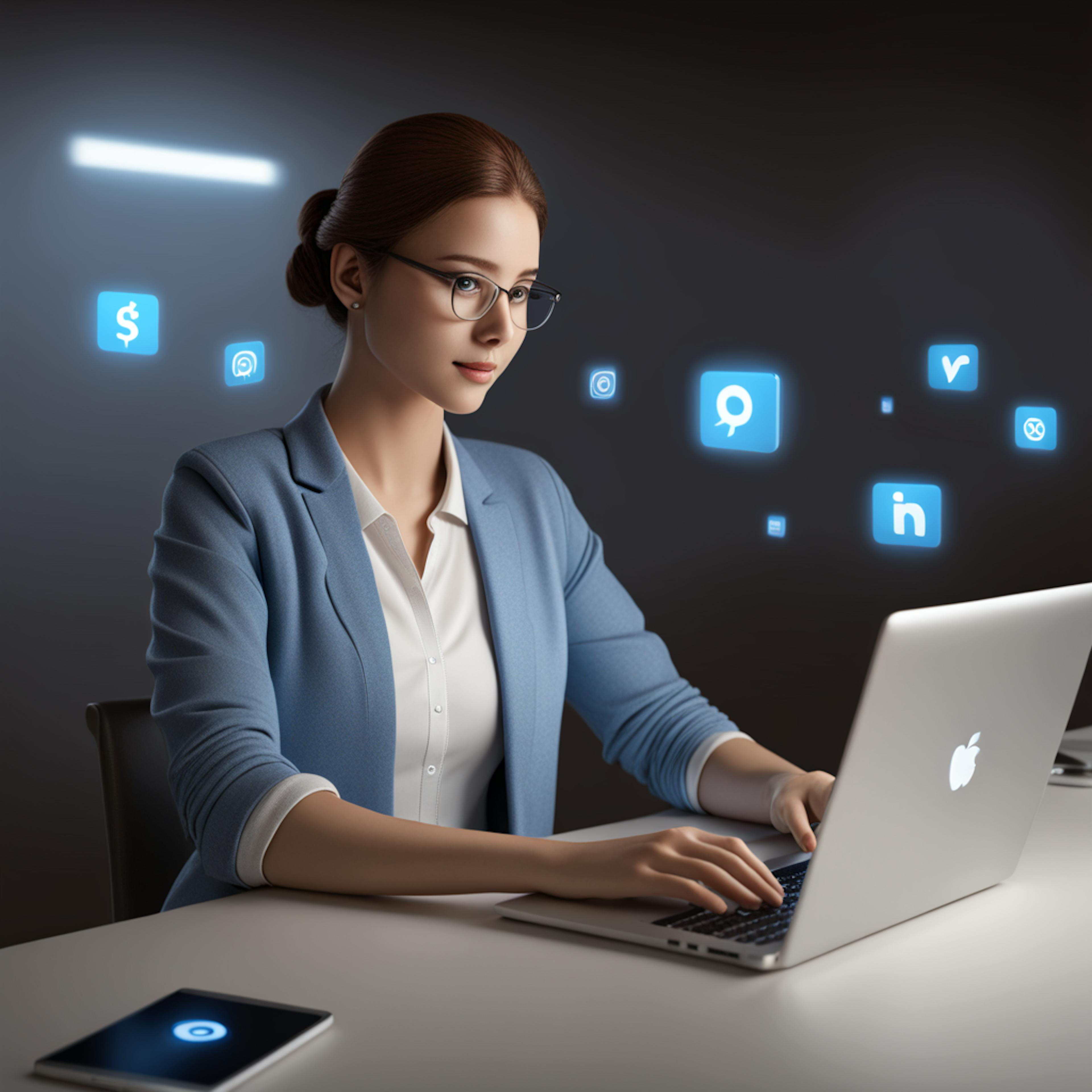 A woman in business attire sits at a desk, typing on a laptop, surrounded by glowing social media icons in the background, representing online engagement and content creation.