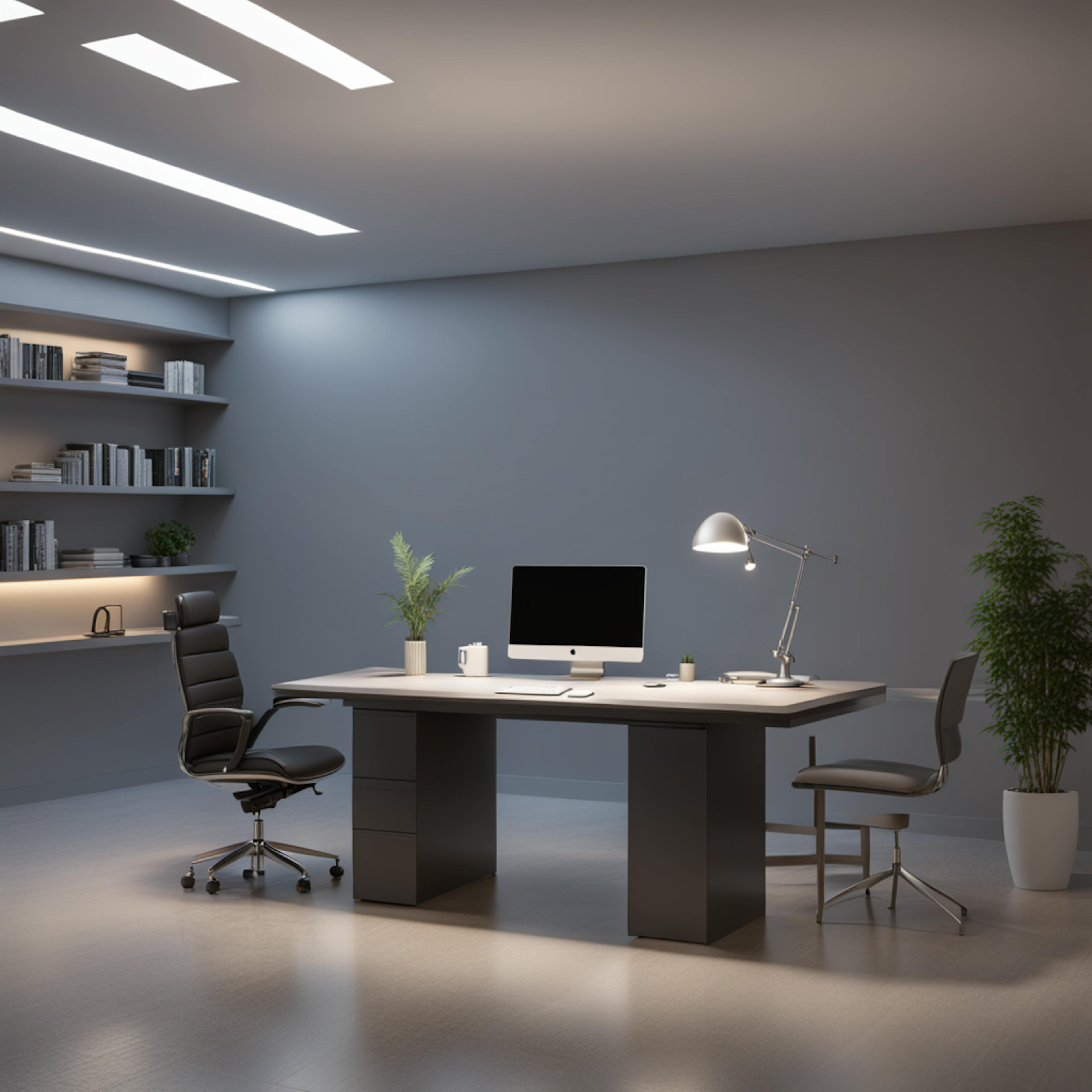 A sleek and minimalist office setup with a modern desk, an iMac computer, an ergonomic chair, and shelves with books and plants, suggesting a productive workspace.