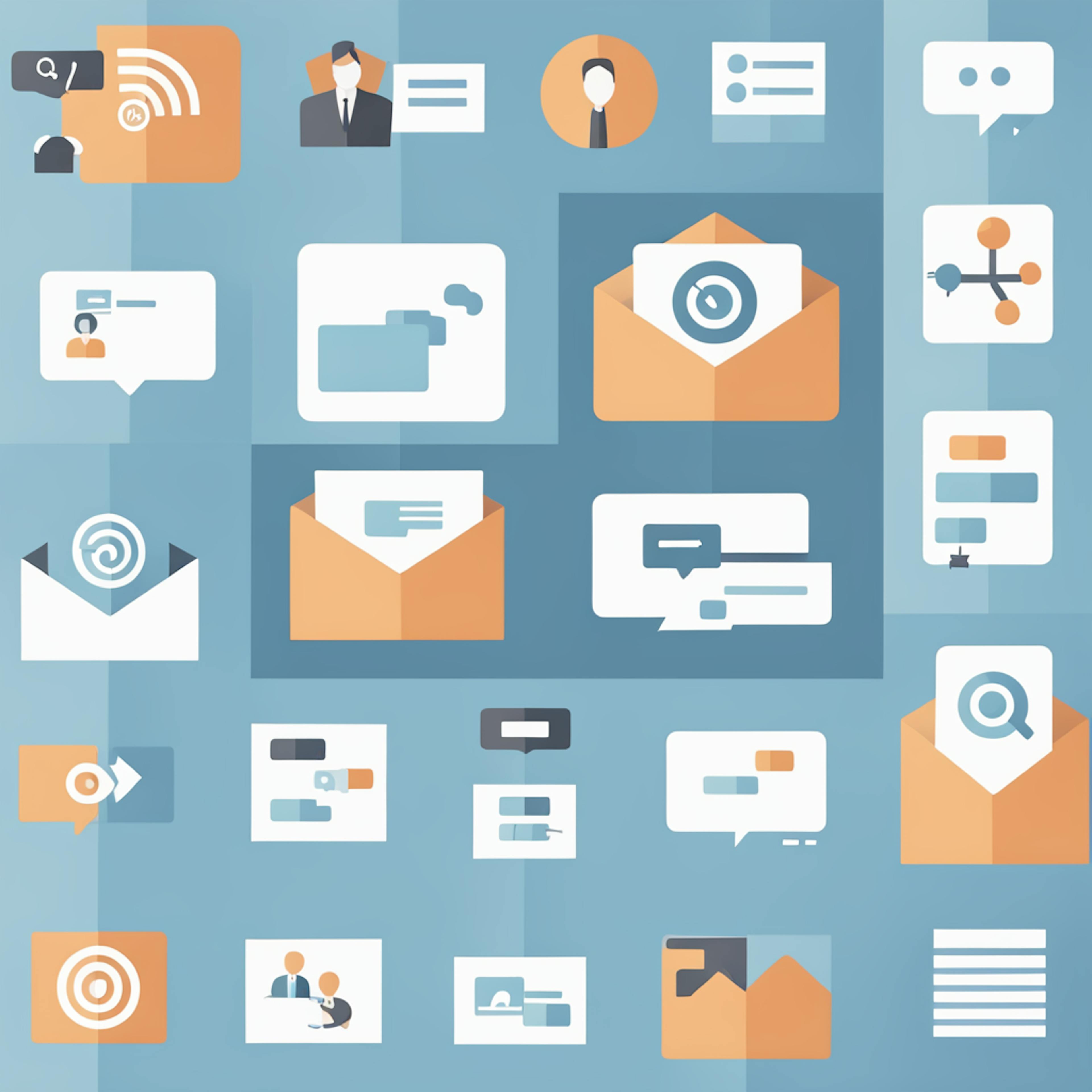 A grid of icons representing email, communication, and digital networking in orange, blue, and white tones. The icons include envelopes, profiles, speech bubbles, and other symbols related to digital messaging.