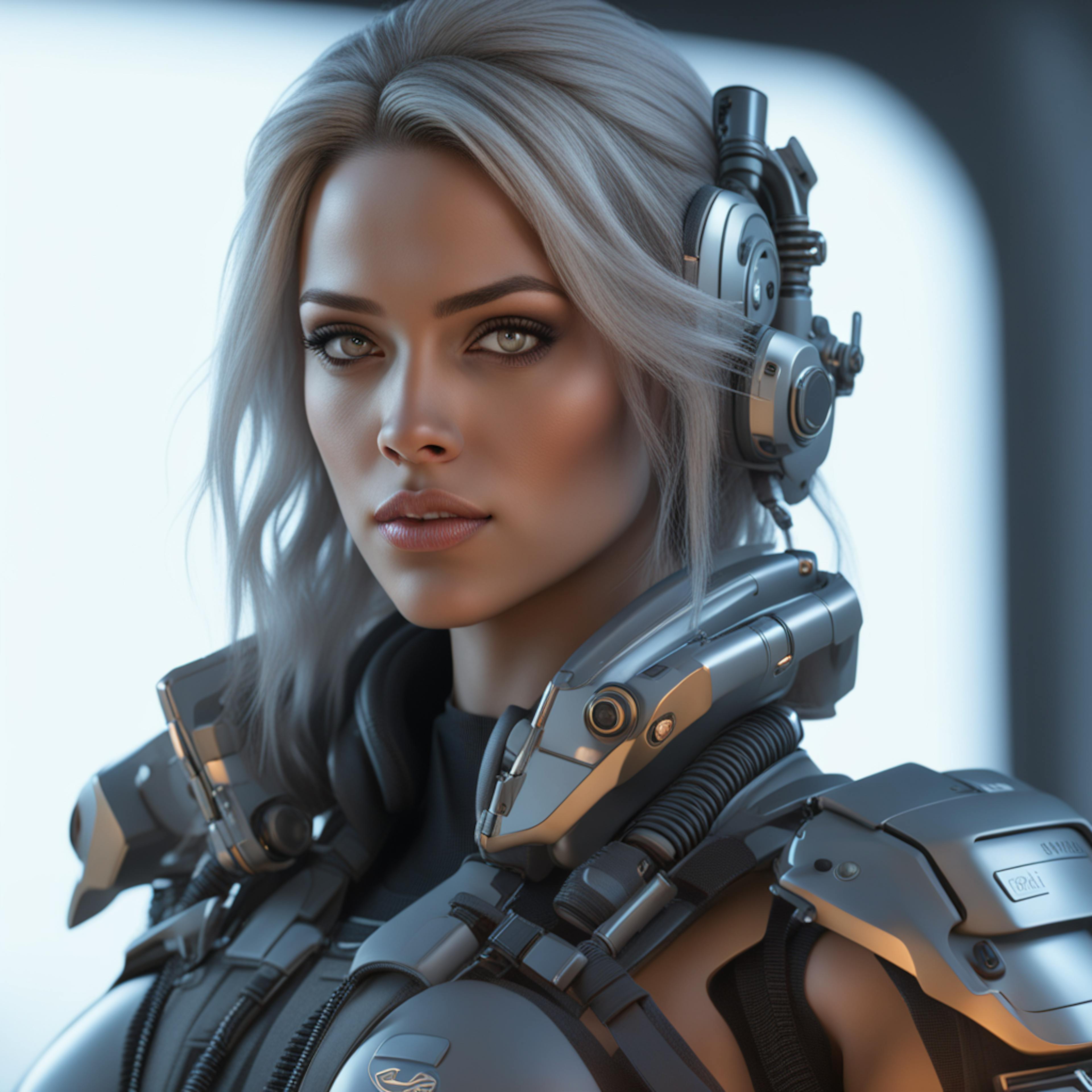 A futuristic, cybernetic woman wearing advanced tech gear and a headset, representing the seamless integration of AI into human-like roles. This visually striking image aligns with "best AI content writer" as it embodies sophistication and intelligence in automated content creation.