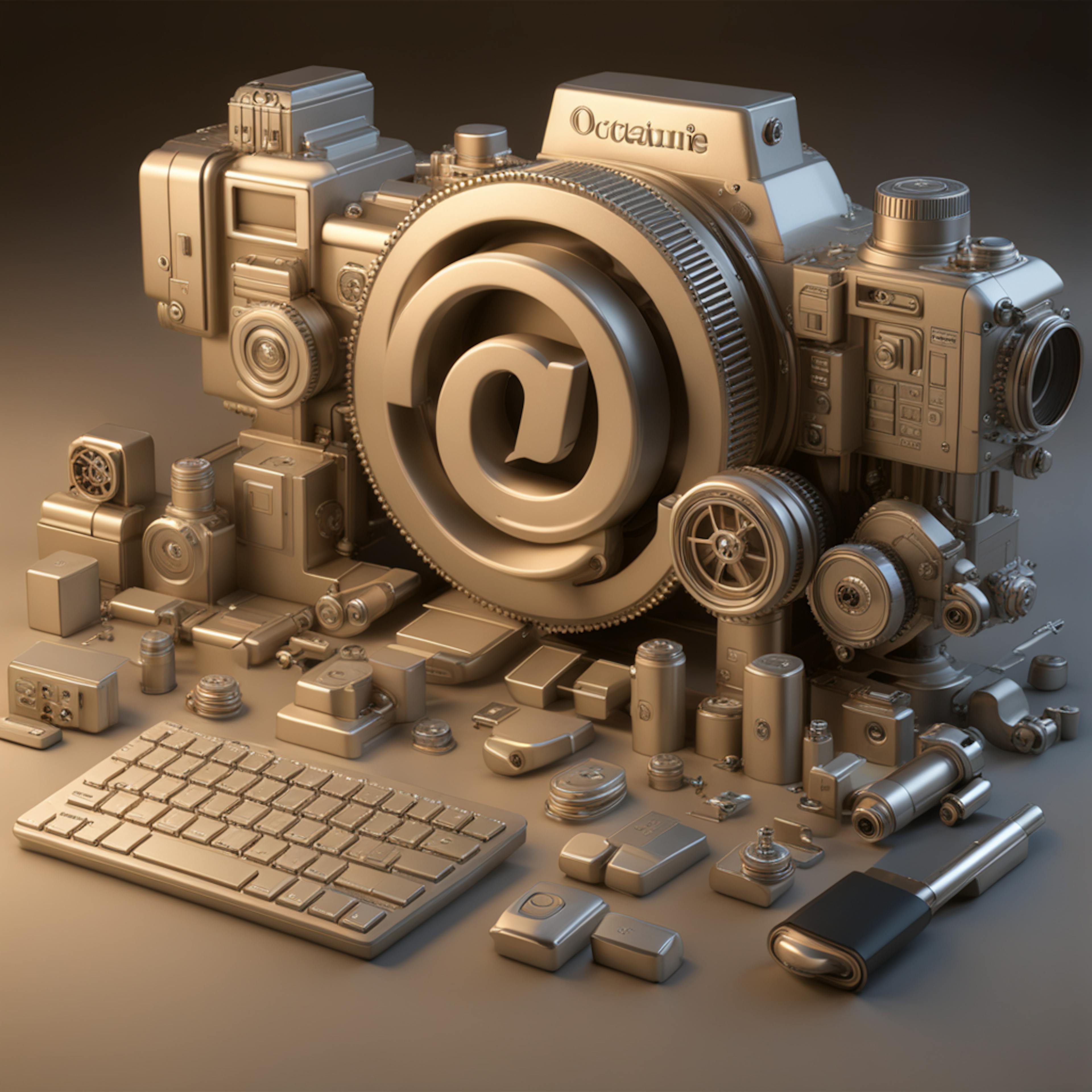 A complex arrangement of camera and tech equipment with an emphasis on an oversized "@" symbol at the center, representing the integration and power of email automation tools in digital marketing workflows.