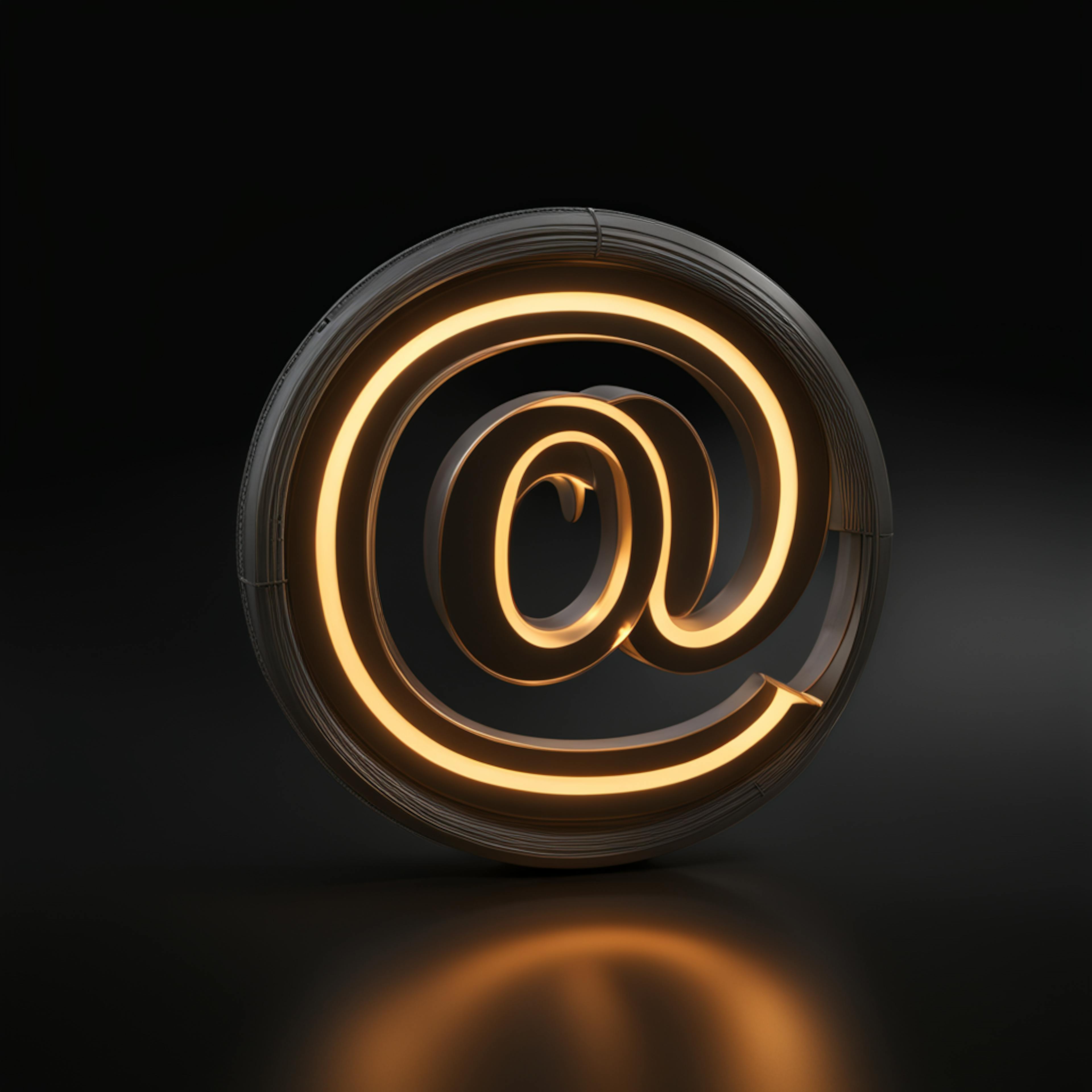 A glowing orange "@ symbol" in a sleek metallic finish, symbolizing the efficiency and modernity of the best email automation tools.