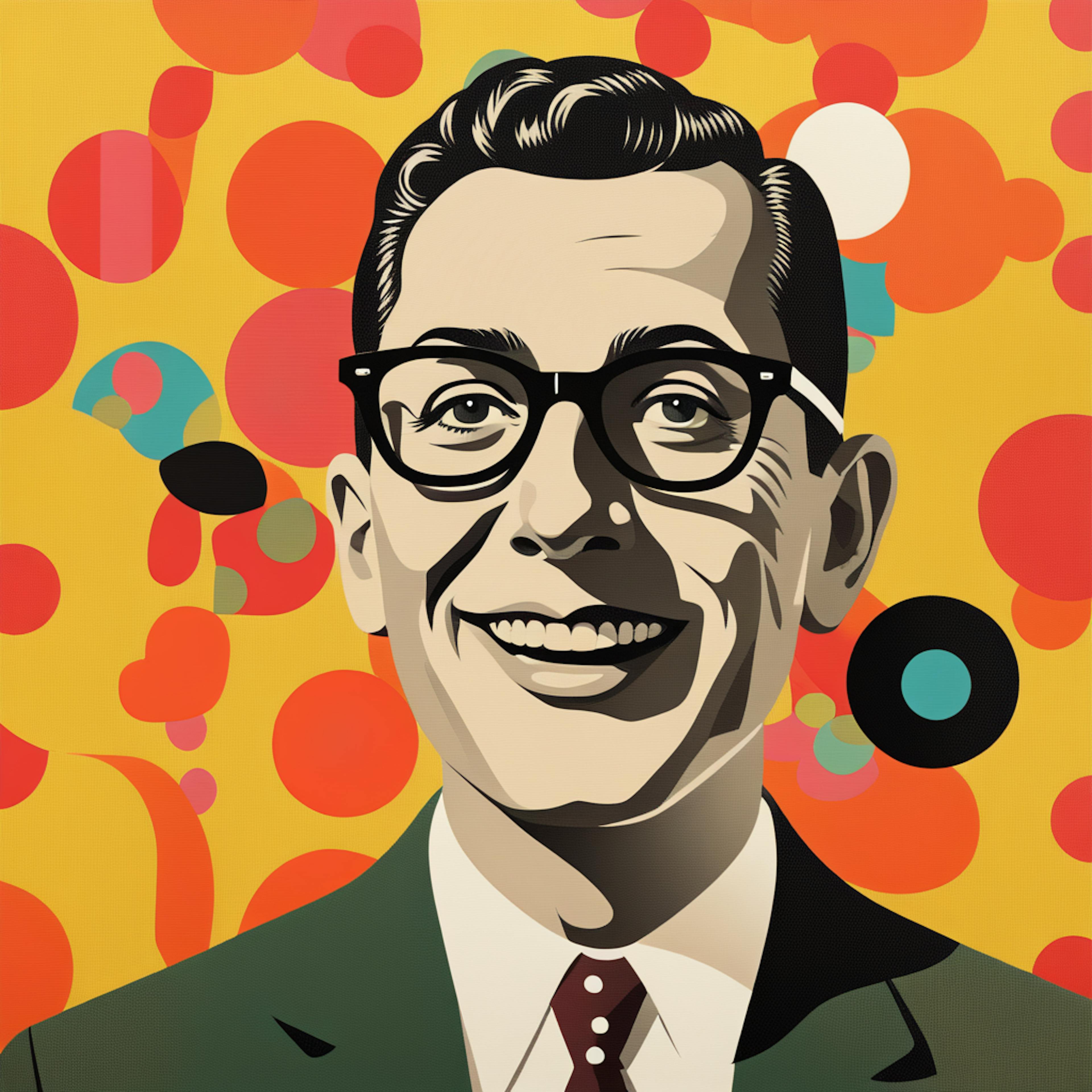 A cheerful portrait of a man in a vibrant, retro-inspired style, surrounded by colorful abstract circles. This image reflects the energetic and dynamic nature of a content marketing strategy template.