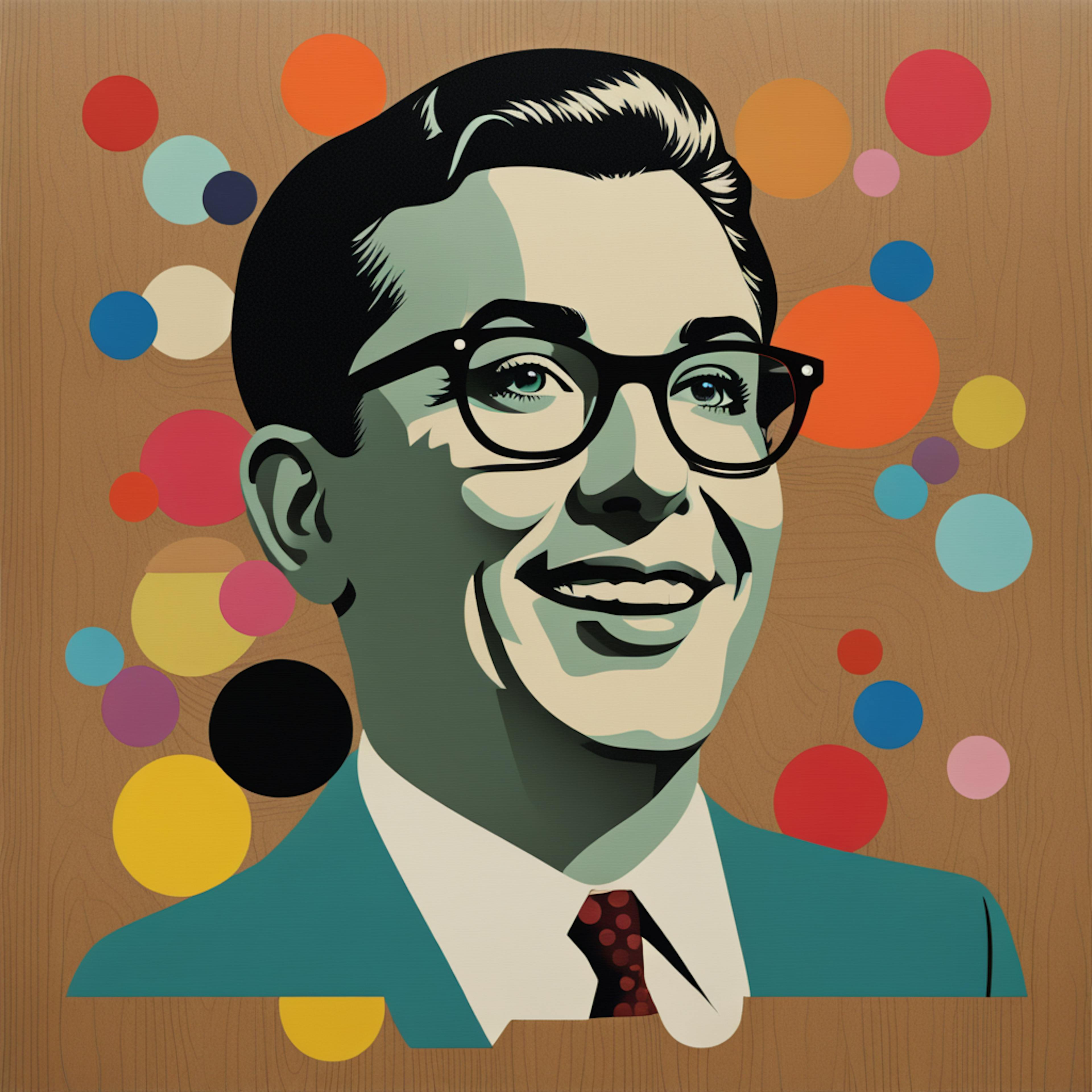 A retro illustration of a man with glasses, smiling confidently. The colorful geometric background suggests a structured approach to planning and organizing, making this image suitable for showcasing content marketing strategy templates.