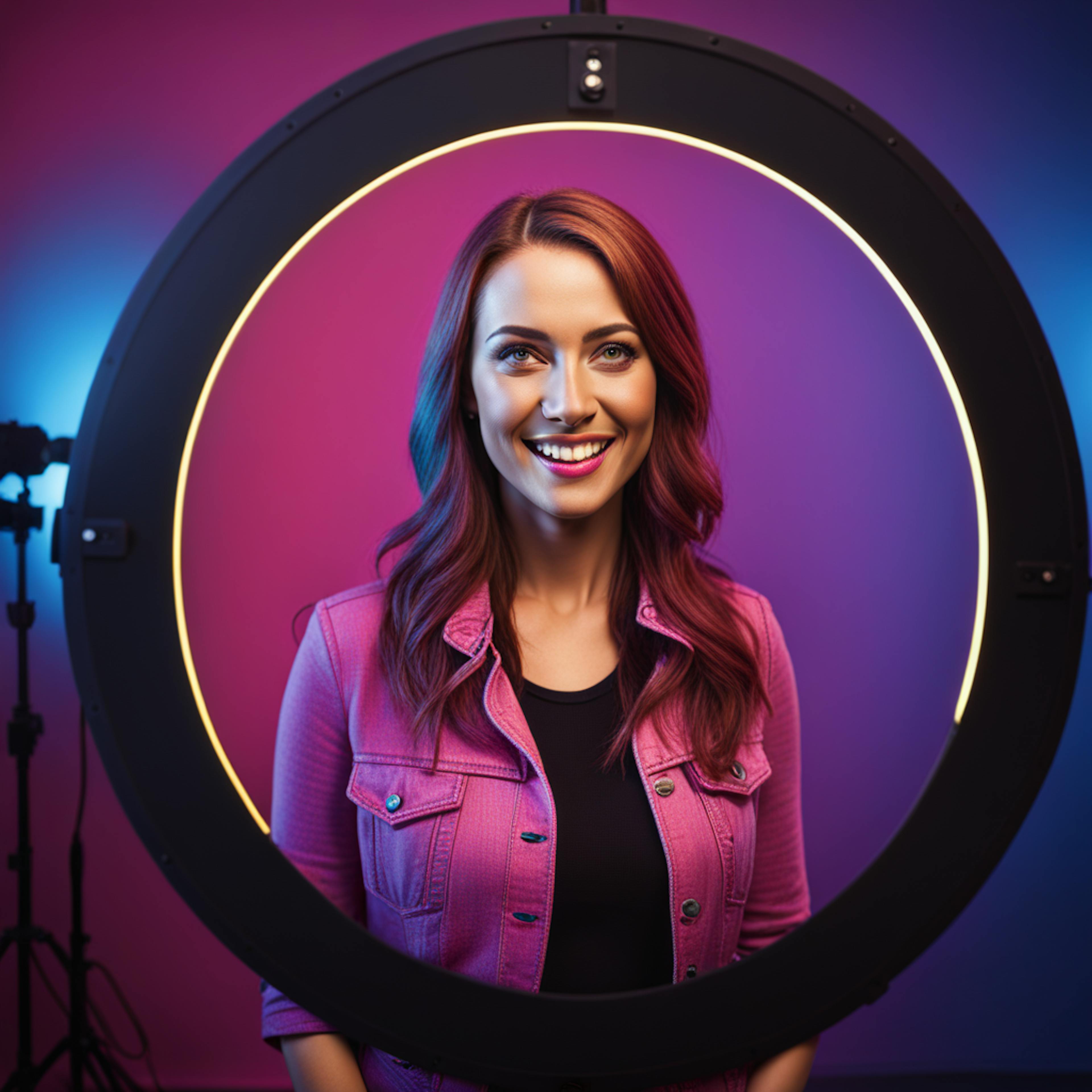 A woman in a studio setting, smiling brightly in front of a glowing ring light, showcasing modern content marketing trends that emphasize personal branding and professional presentation.