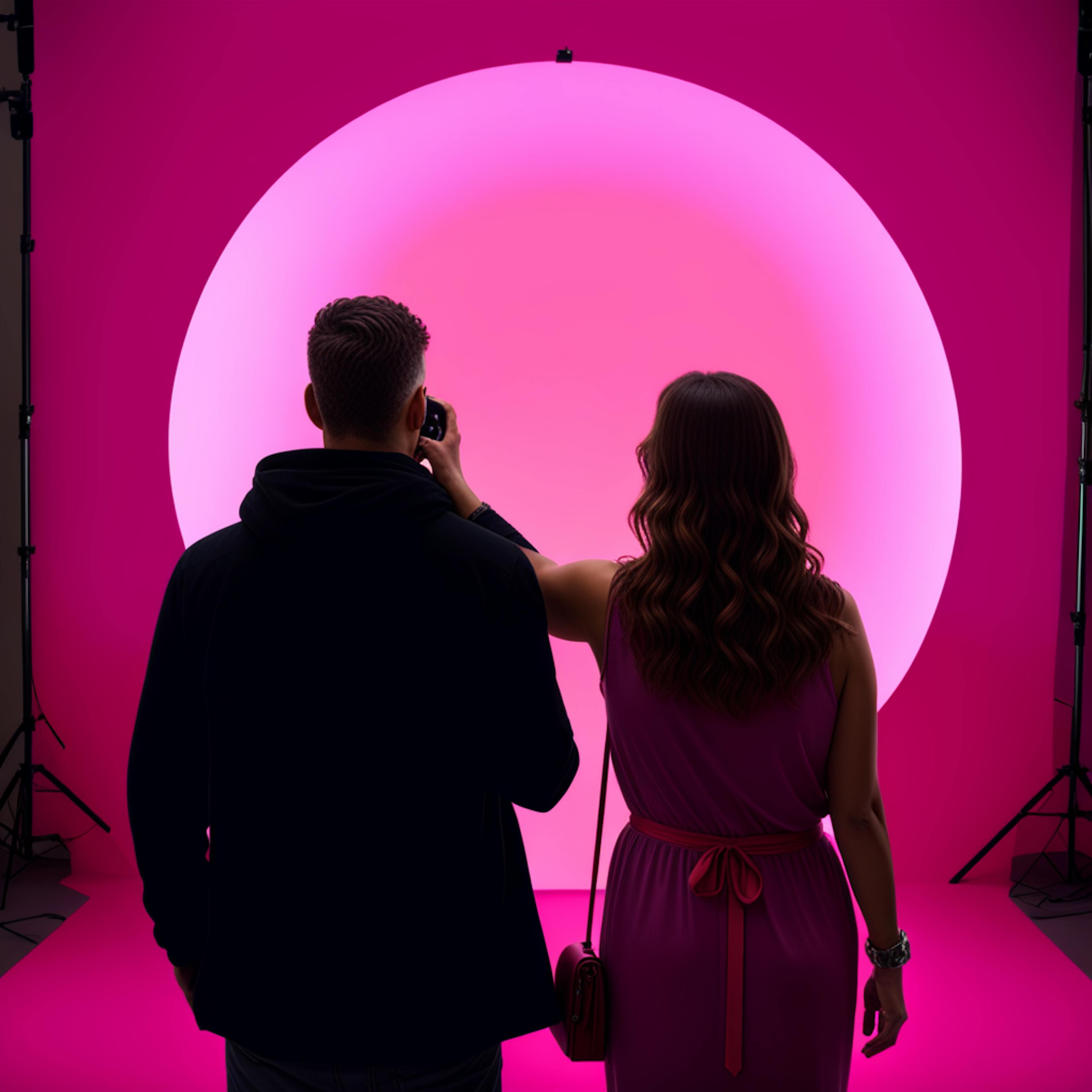 A man and woman facing a large pink circle in a photography studio, symbolizing collaboration and creative content marketing trends where vibrant colors and minimalism come together for impactful visuals.