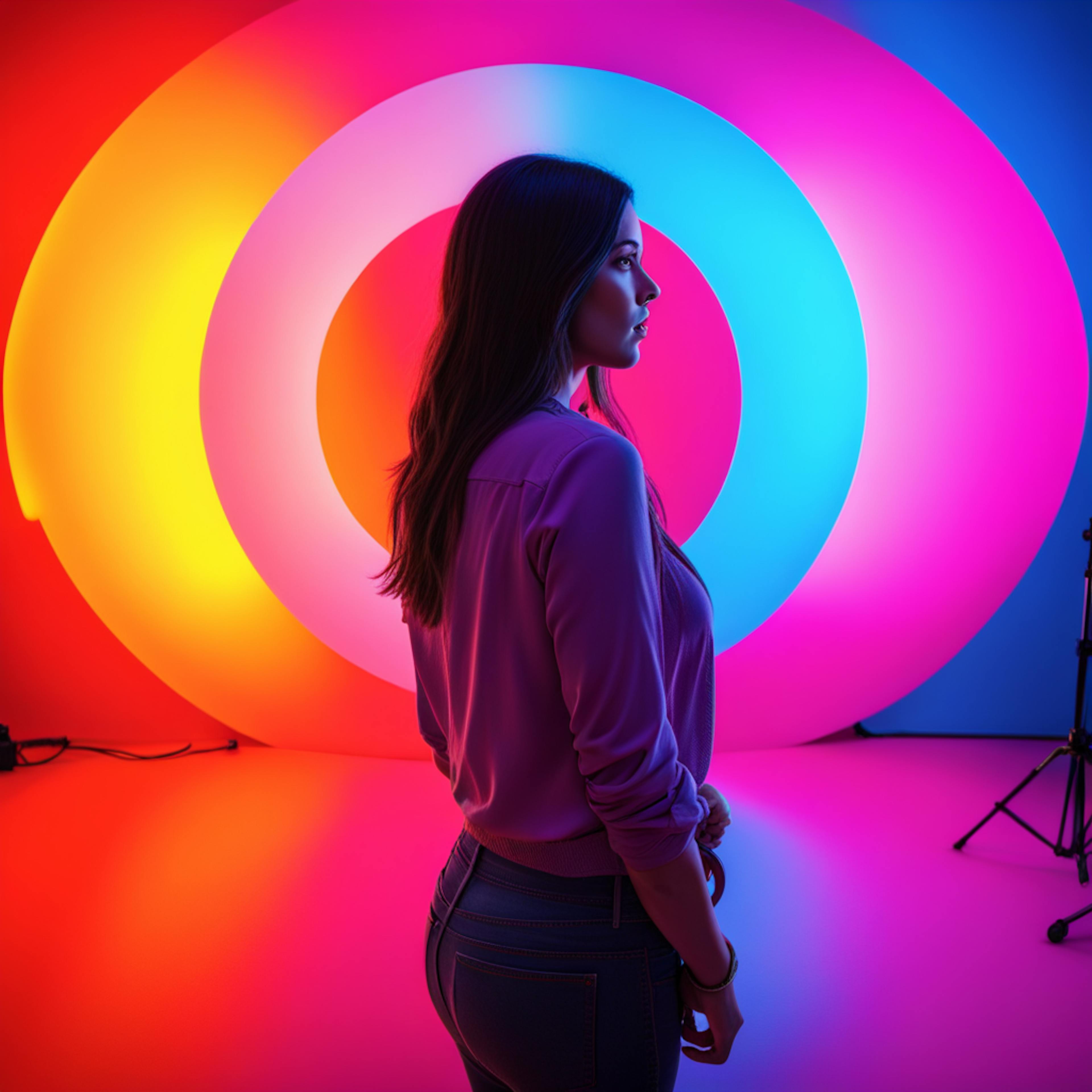 A woman standing in front of a vibrant backdrop of concentric neon circles, illustrating how content marketing trends often focus on visually compelling storytelling and dynamic color schemes to attract audiences.