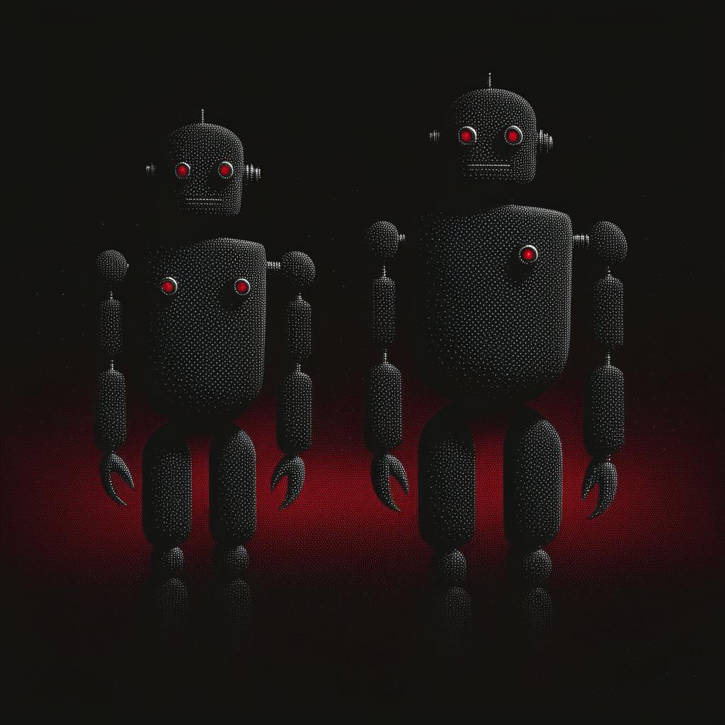 Two futuristic robots standing side by side in a dark space with glowing red eyes and claw-like hands, composed of small dots. Their simplistic design reflects a focus on automation and efficiency, symbolizing CRM and marketing automation technologies in a tech-driven future.