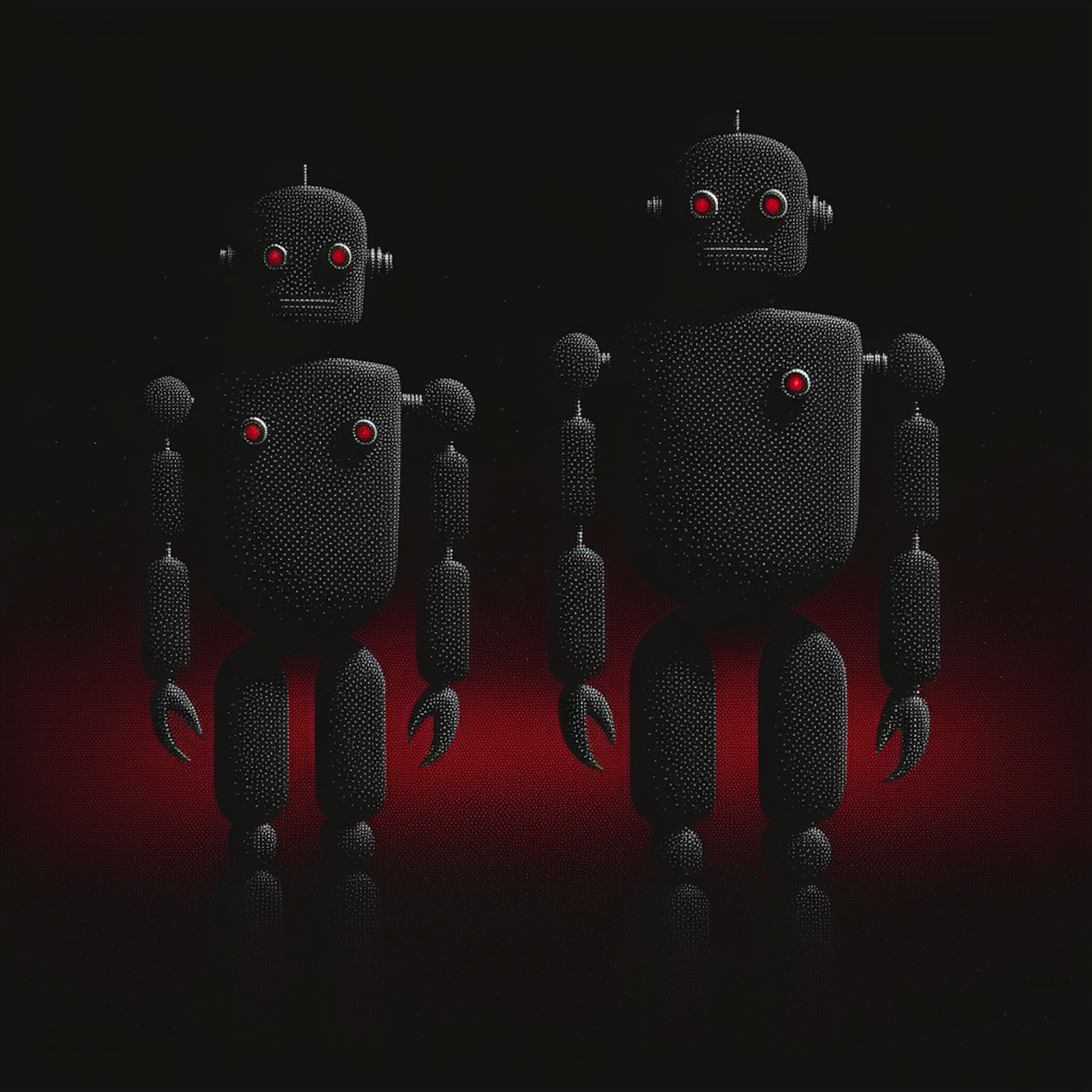 Two futuristic robots standing side by side in a dark space with glowing red eyes and claw-like hands, composed of small dots. Their simplistic design reflects a focus on automation and efficiency, symbolizing CRM and marketing automation technologies in a tech-driven future.