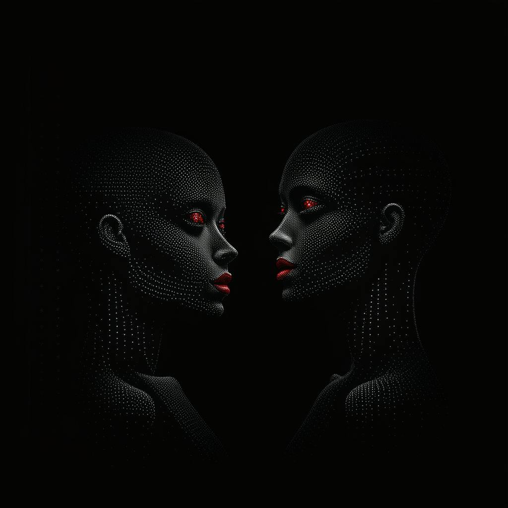 Two futuristic robots standing side by side in a dark space with glowing red eyes and claw-like hands, composed of small dots. Their simplistic design reflects a focus on automation and efficiency, symbolizing CRM and marketing automation technologies in a tech-driven future.