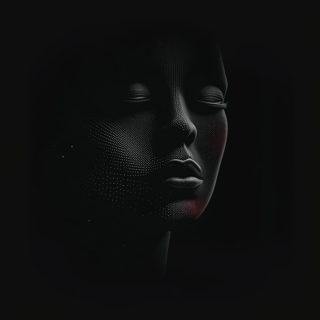 A futuristic, serene face in darkness, composed of small dots, with subtle red highlights on one side. The face is devoid of expression, representing the integration of CRM and marketing automation technologies, symbolizing the seamless interaction between humans and AI in the digital marketing landscape.