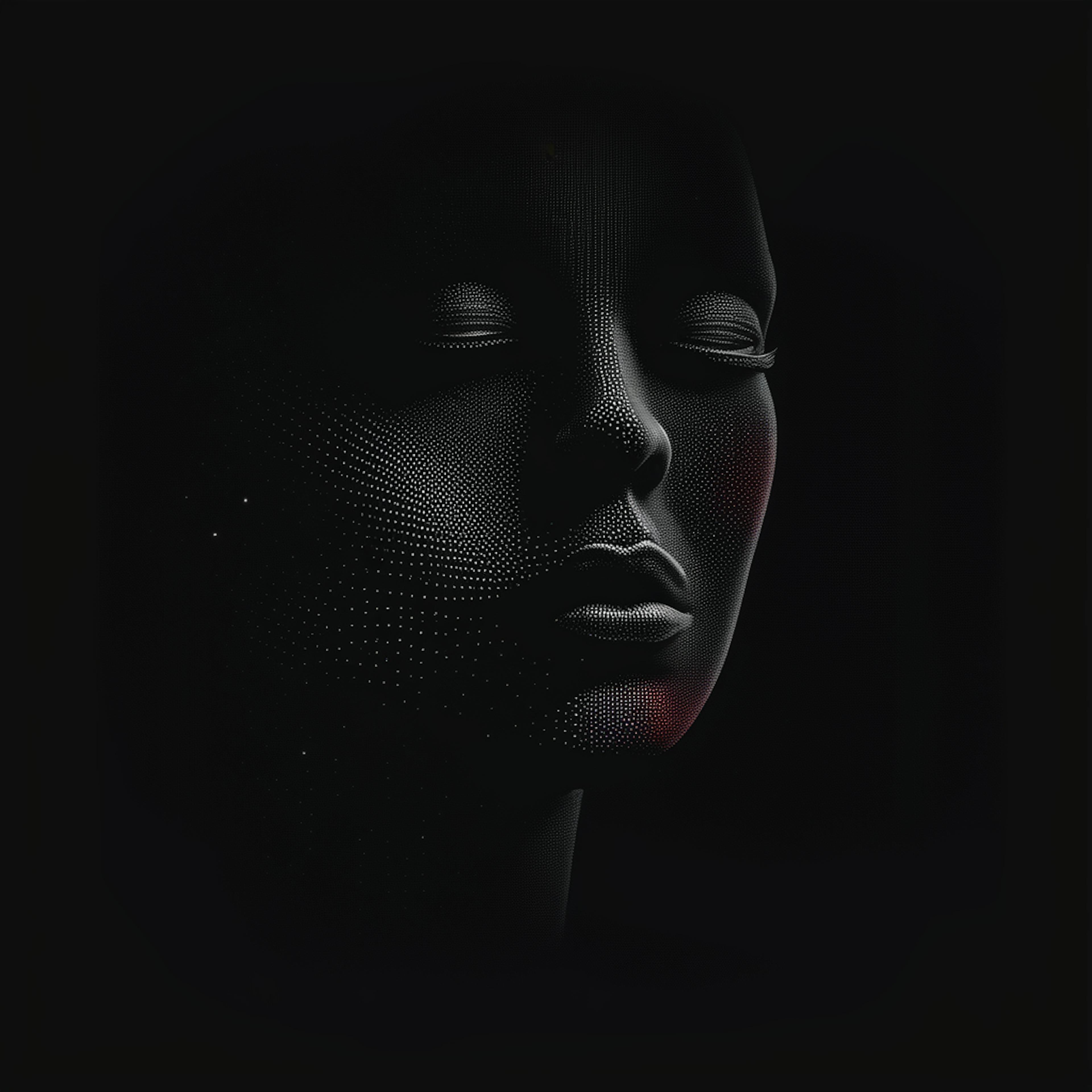 A futuristic, serene face in darkness, composed of small dots, with subtle red highlights on one side. The face is devoid of expression, representing the integration of CRM and marketing automation technologies, symbolizing the seamless interaction between humans and AI in the digital marketing landscape.