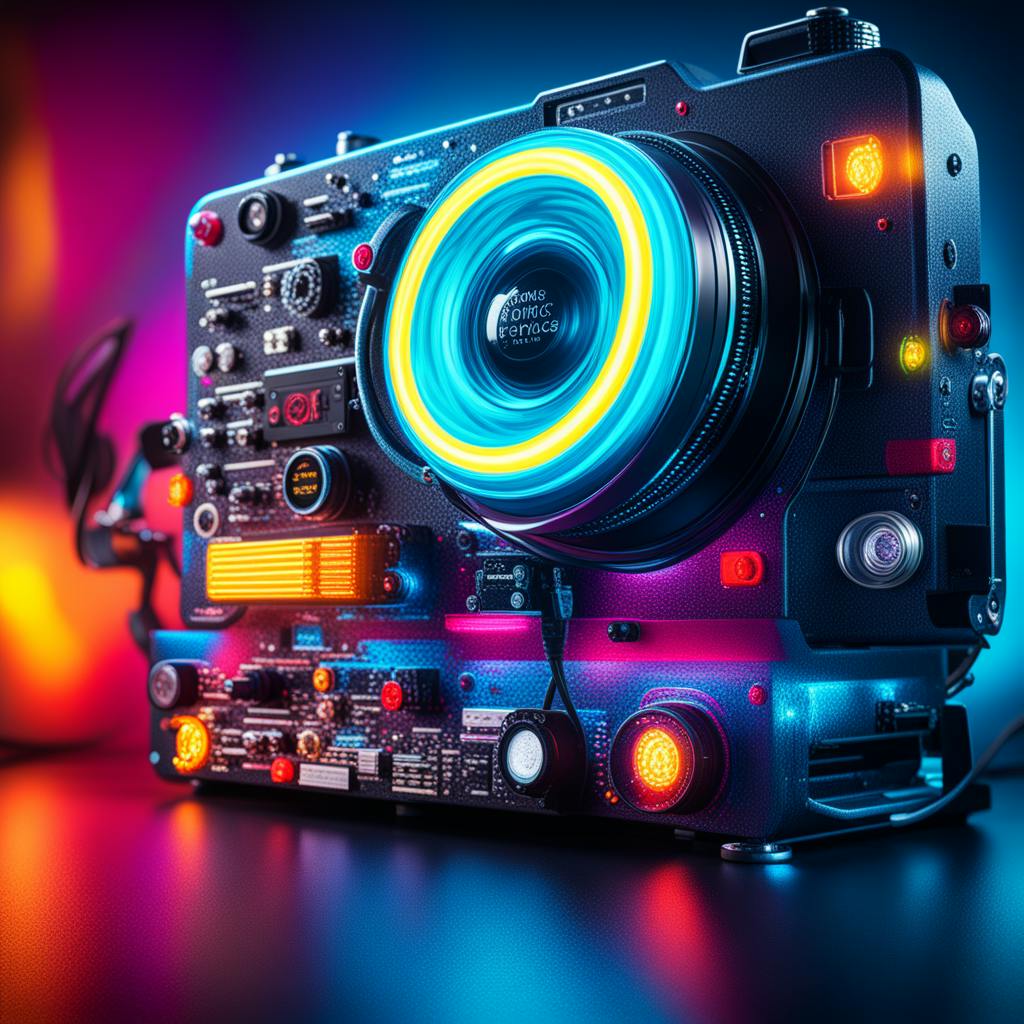 A highly detailed close-up of a futuristic, custom-built camera with glowing neon lights, showcasing the intricate technology behind "custom web design packages.
