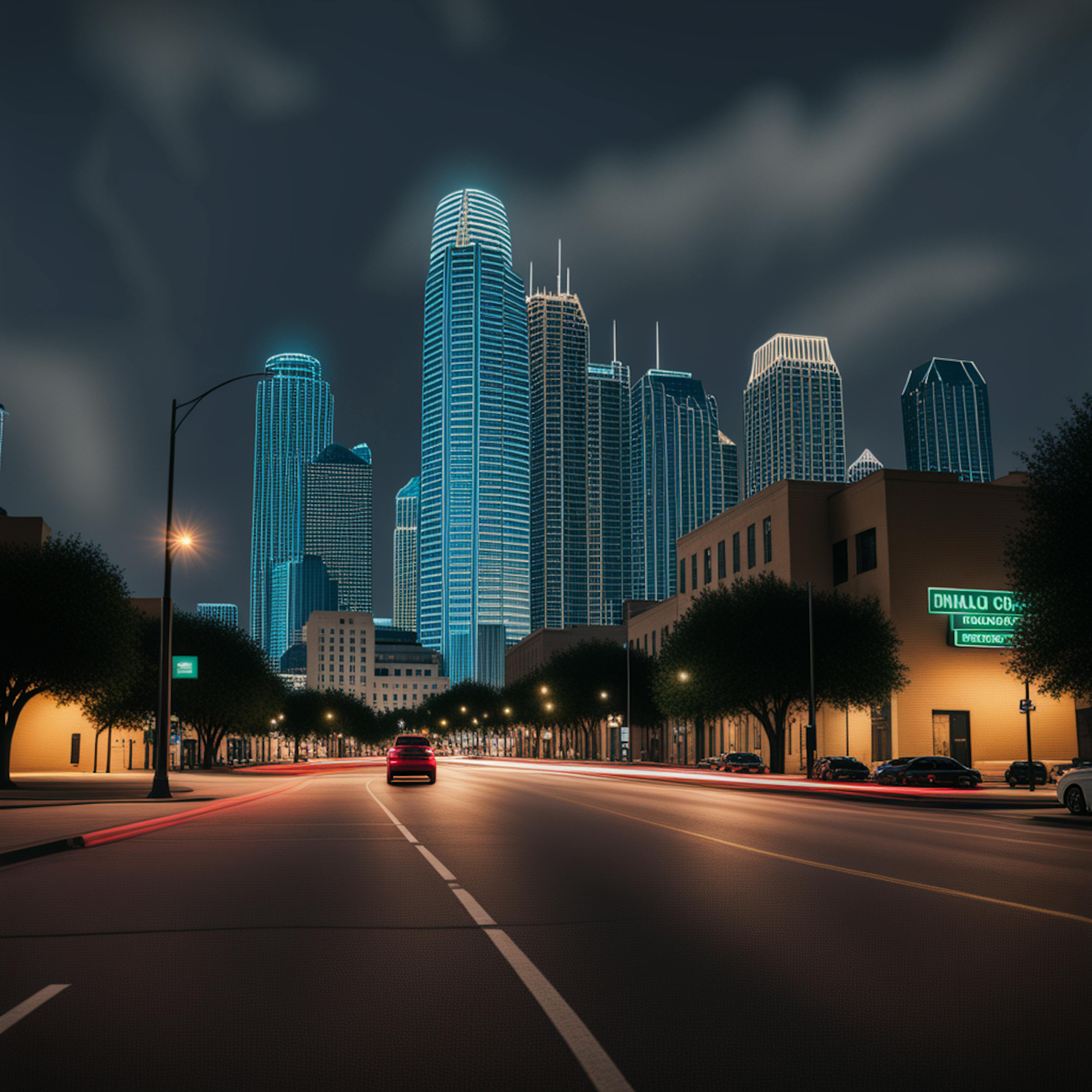 A nighttime view of a vibrant Dallas skyline, with illuminated skyscrapers and a street in the foreground, perfect for showcasing "Dallas internet marketing" in a city that never sleeps.