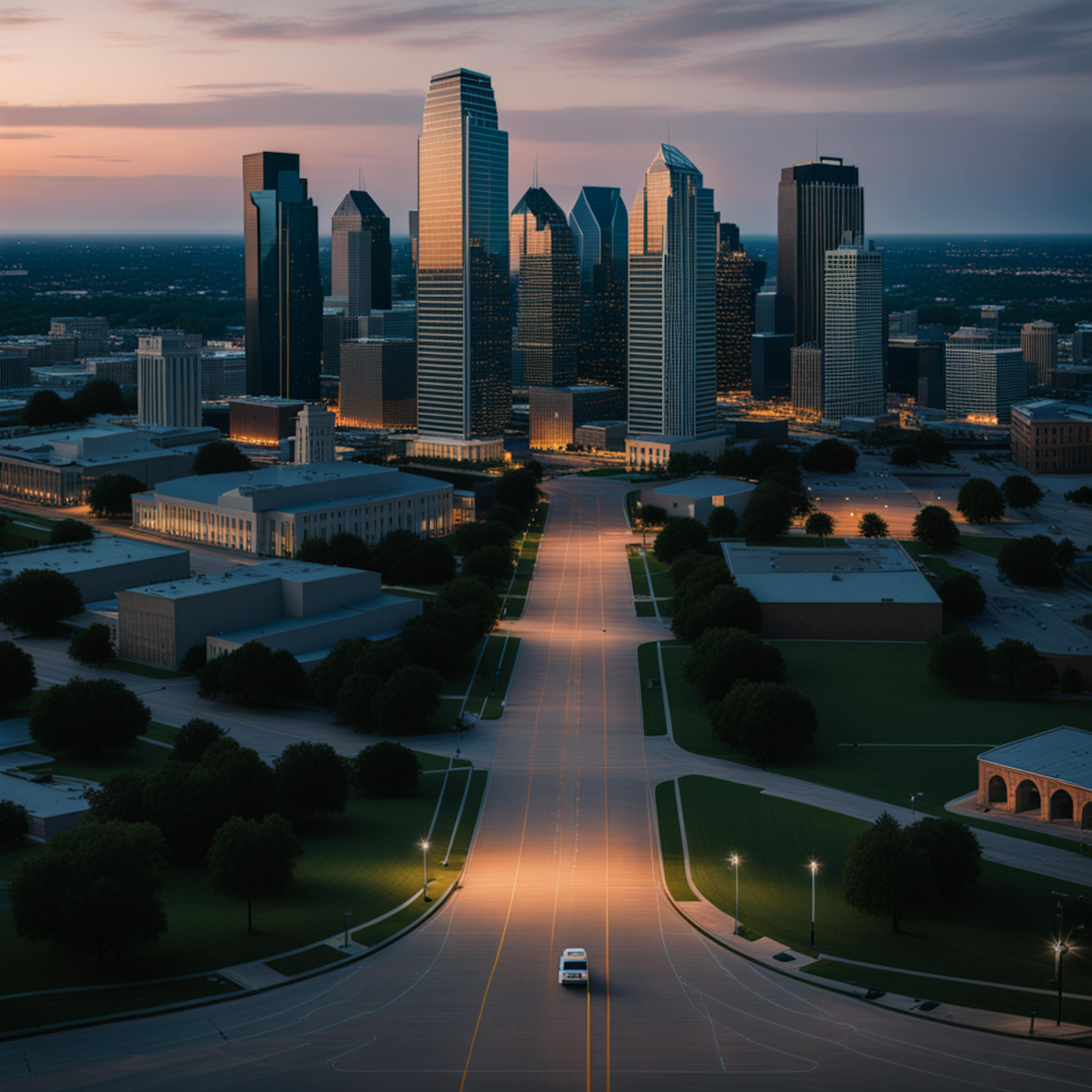 A sunset scene featuring Dallas skyscrapers, casting a warm glow over empty streets leading into the city, symbolizing the expansive potential of "Dallas internet marketing" for businesses aiming to grow.