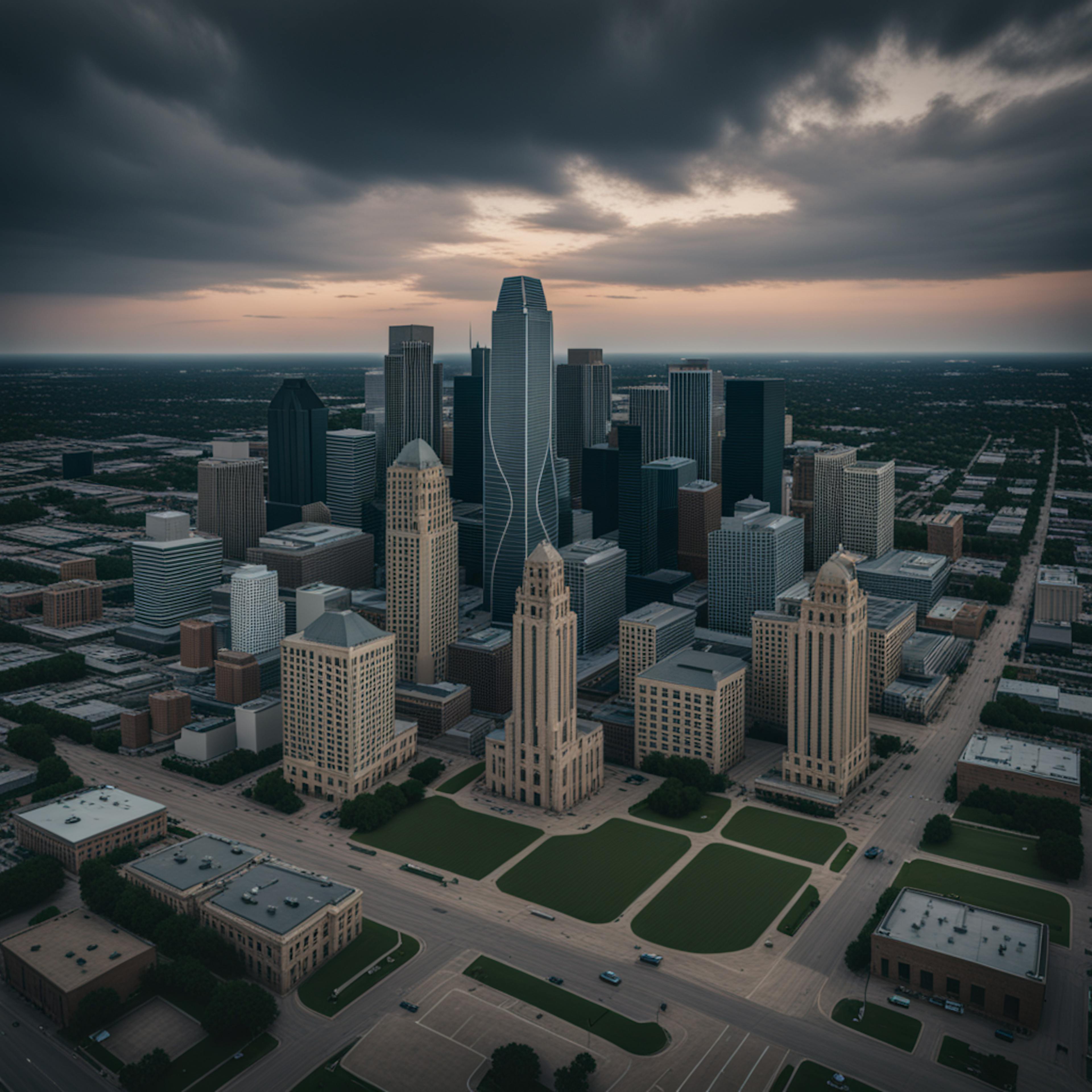 A dramatic aerial view of downtown Dallas at dusk, highlighting the city's business district and modern architecture, ideal for emphasizing the urban reach of "Dallas internet marketing."