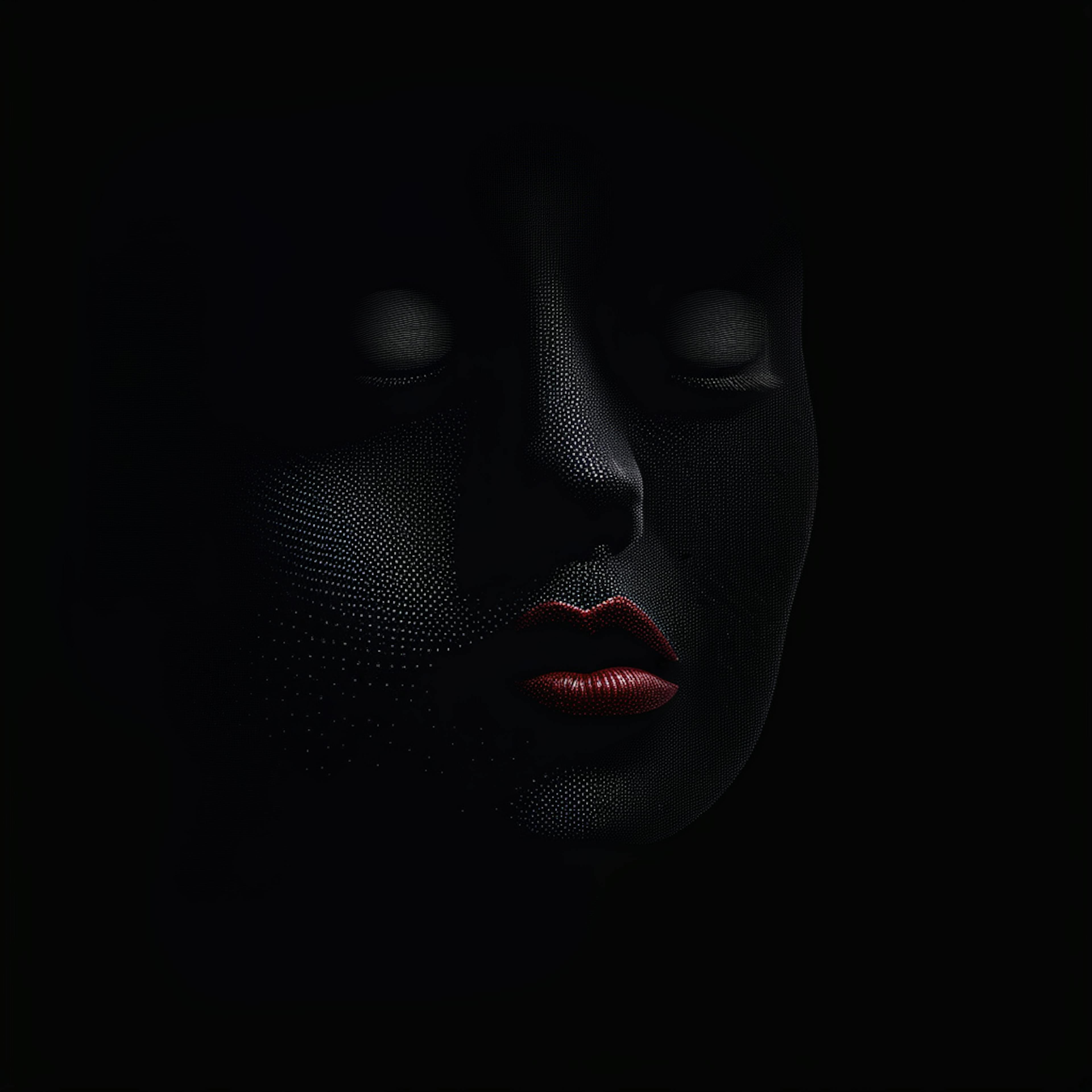 A dark and abstract image of a face, barely visible except for the detailed lips highlighted in red. The face appears to be constructed from tiny, dotted patterns, giving it a futuristic and mysterious feel. This image symbolizes the enigmatic and evolving nature of email models in digital marketing, hinting at the intricate and subtle strategies that lie behind modern communication systems.