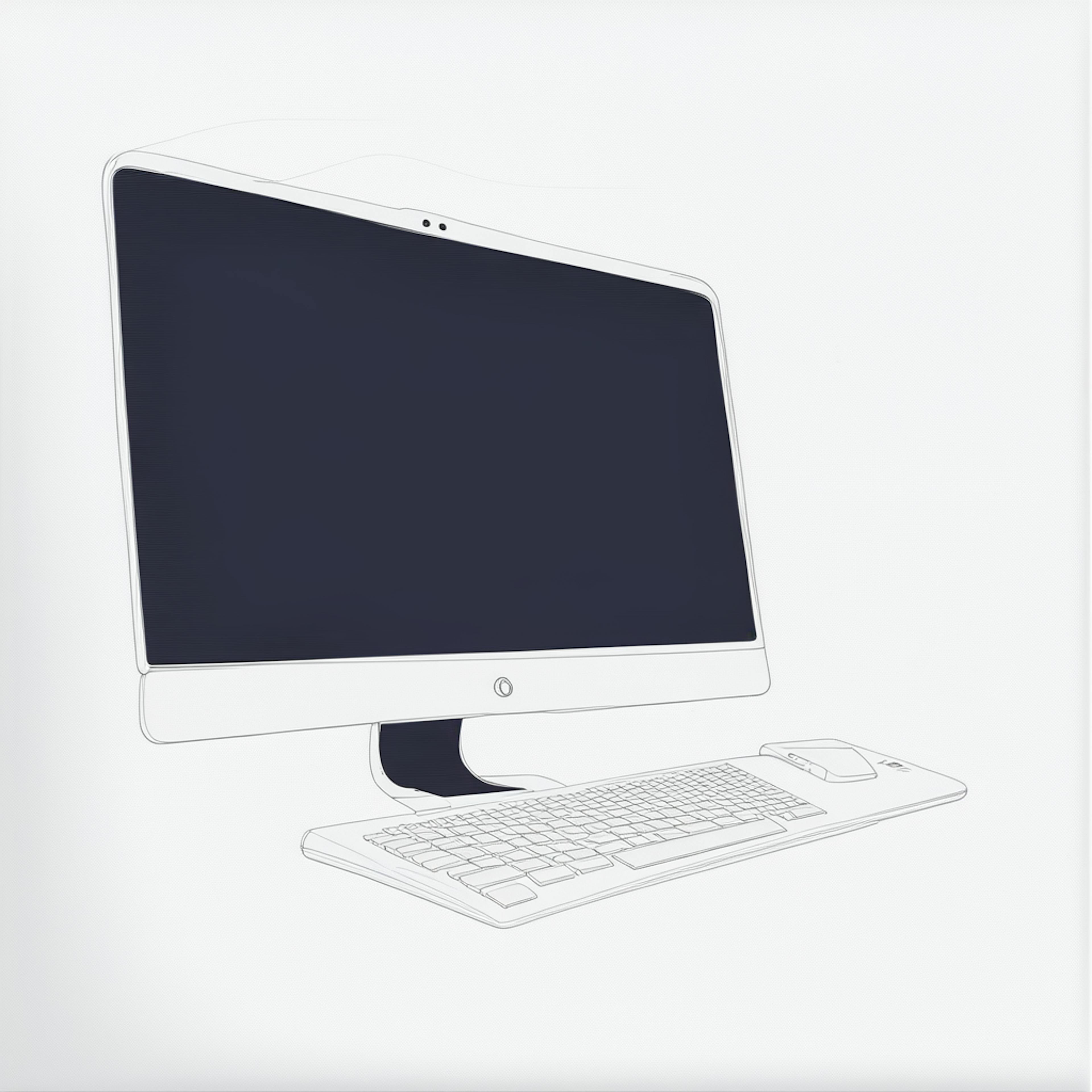 A minimalist illustration of a desktop computer with a blank, dark screen, a keyboard, and a mouse. The clean, simple design suggests a digital workspace, perfect for managing an email newsletter service, where content creation, organization, and communication strategies are handled efficiently.