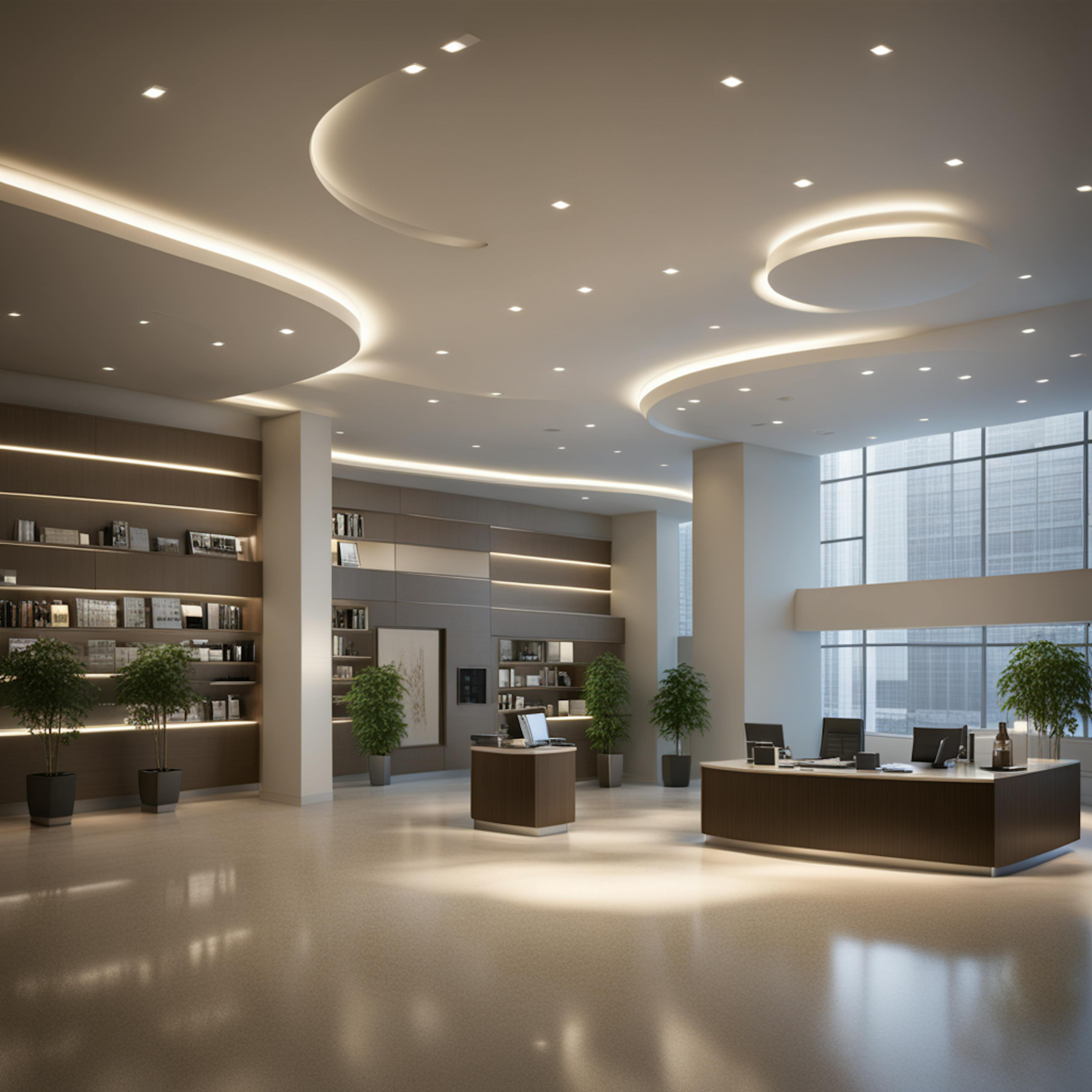 A modern, spacious office lobby with soft, ambient lighting and well-placed indoor plants. Sleek furniture and shelves with books contribute to a welcoming, professional atmosphere.