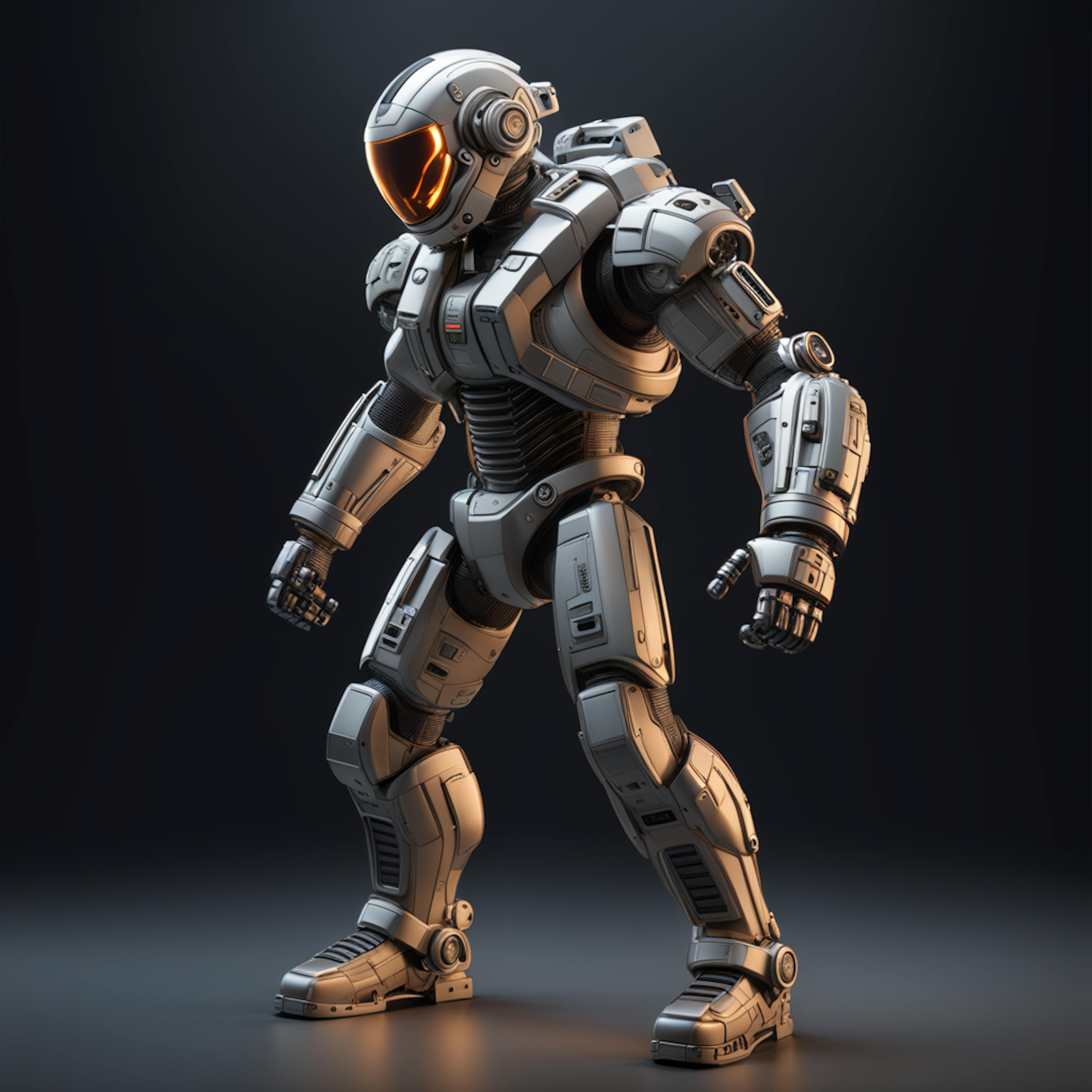 A highly detailed humanoid robot in a dynamic pose, wearing advanced armor and technology. The robot stands ready, demonstrating strength and precision in its build.