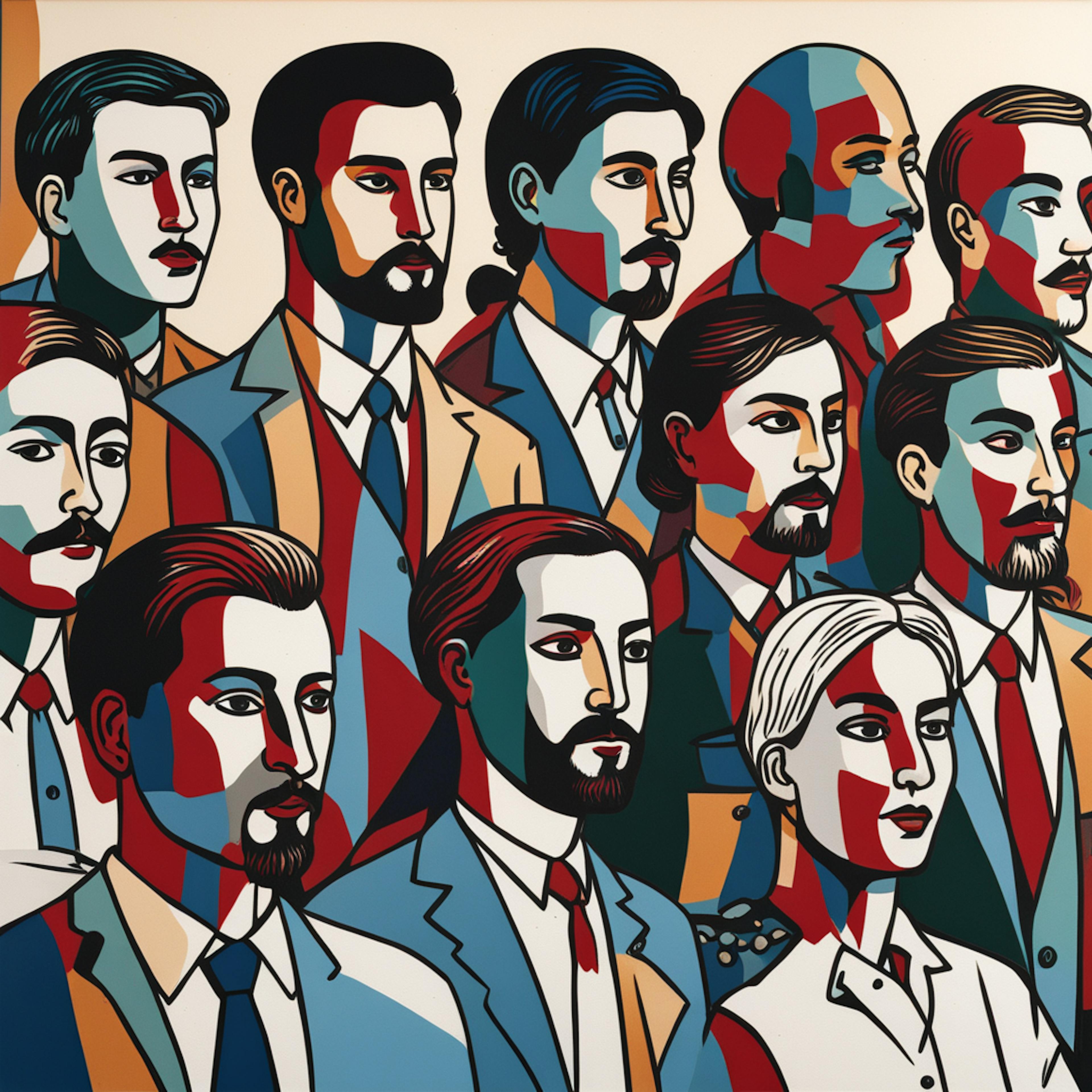 A group of diverse individuals, all portrayed in a geometric, vibrant style, representing unity and collaboration.