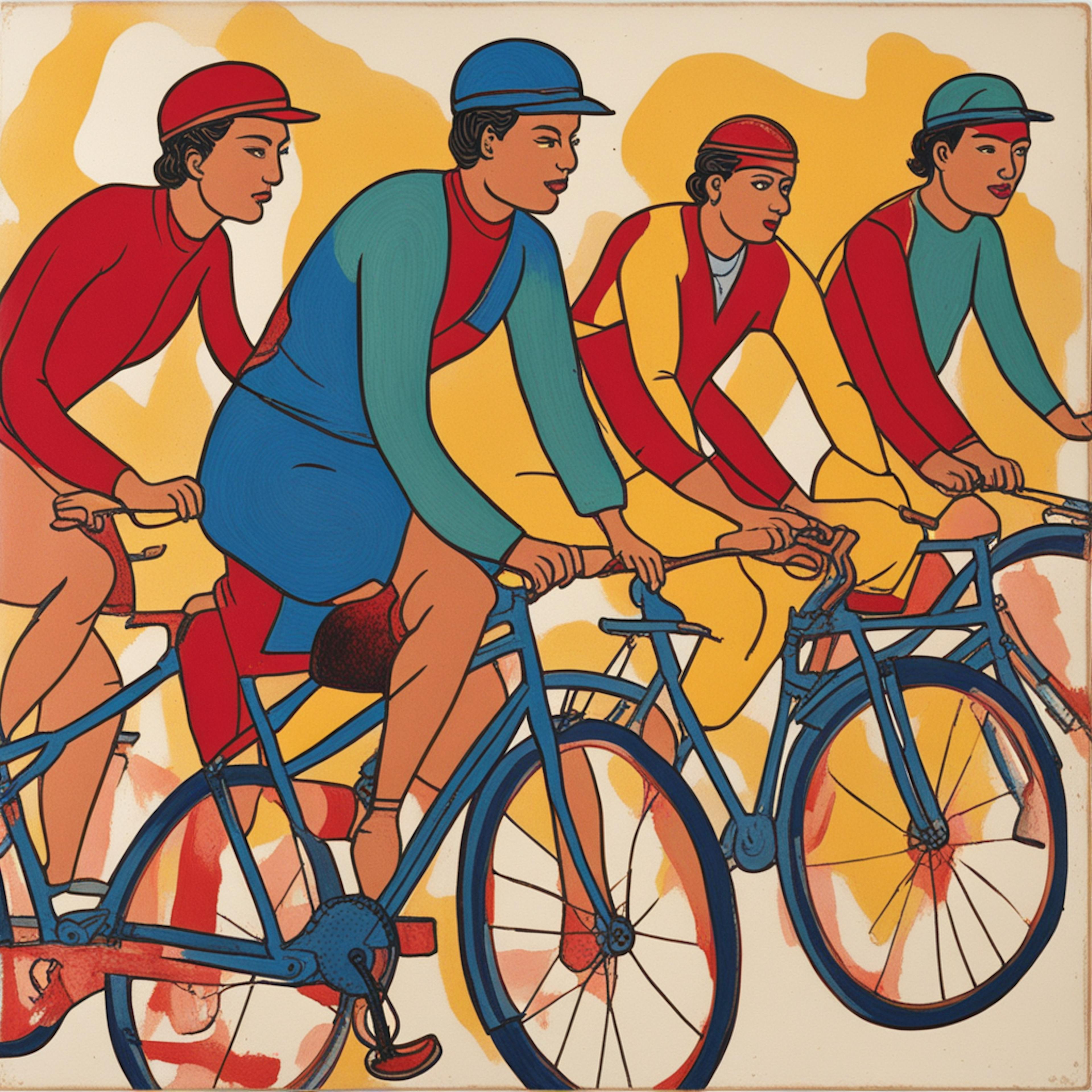 A group of cyclists rides side by side, depicted in bold and flat colors, symbolizing teamwork and motion.