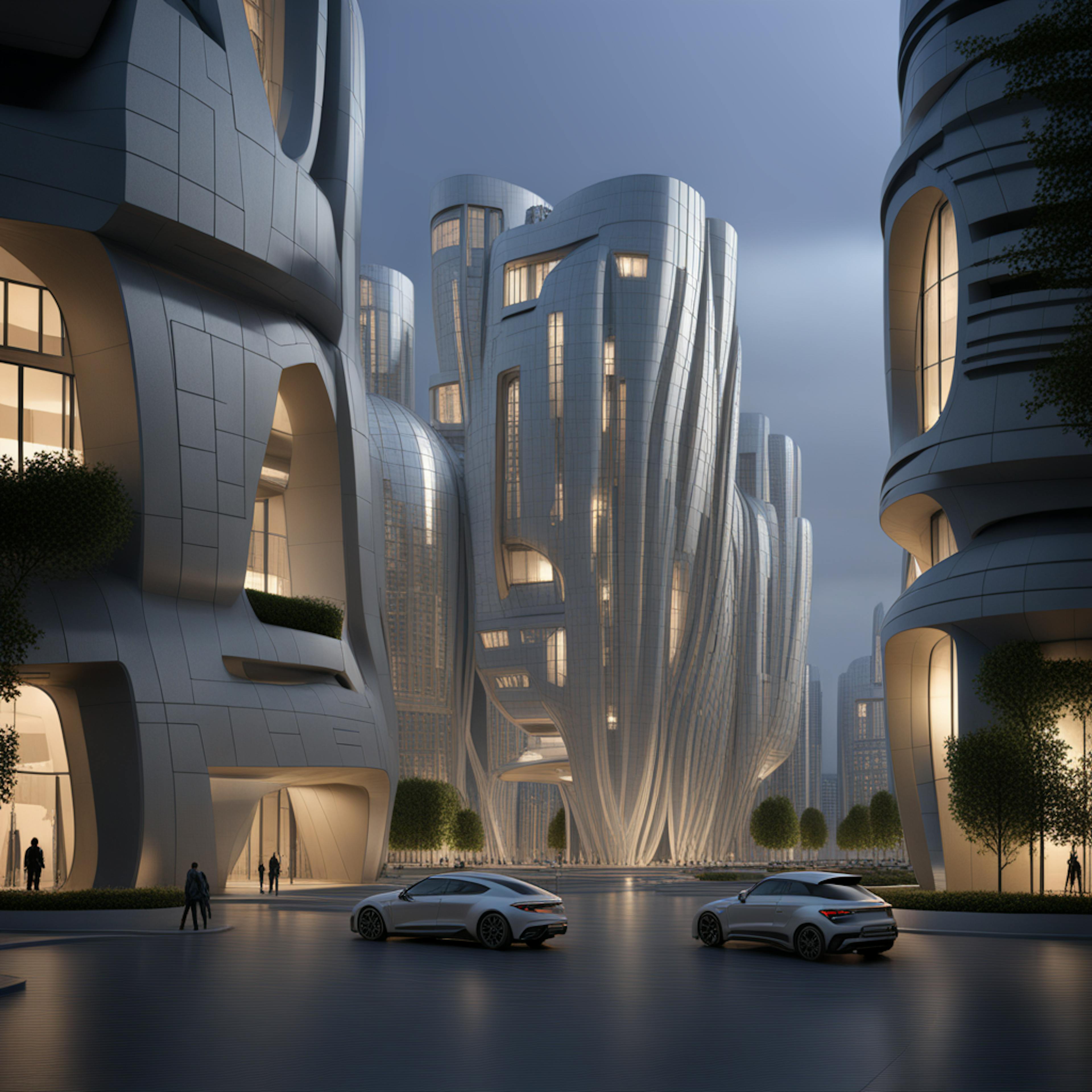 Evening view of a modern, sleek city with fluid building designs and luxury cars, emphasizing futuristic urban living. Ideal for illustrating a digital content marketing strategy aimed at luxury and modernity in technological landscapes.