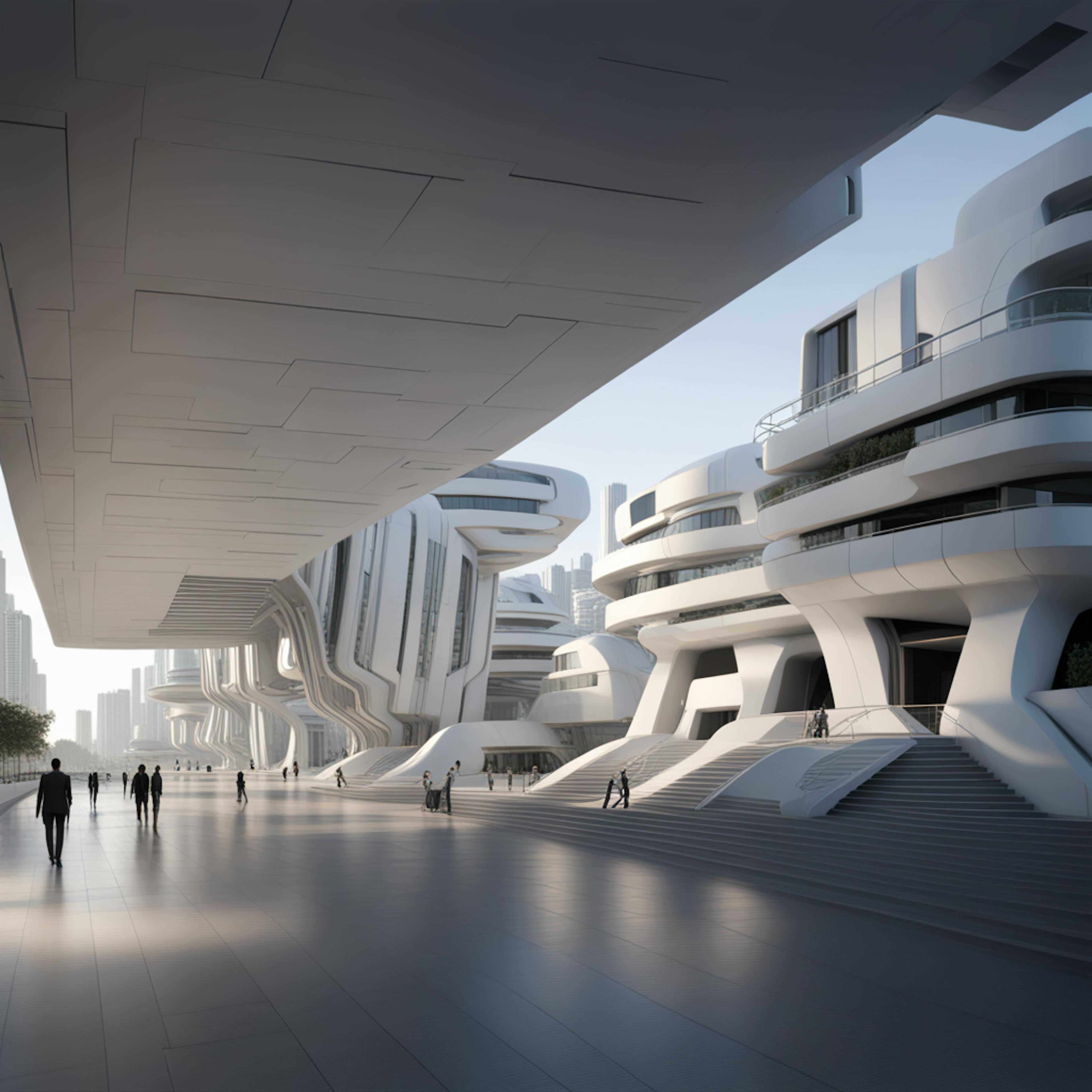 A futuristic cityscape featuring sleek, curved buildings and wide pedestrian walkways. The smooth, modern design reflects innovation and cutting-edge urban planning, making it ideal for illustrating a digital content marketing strategy focused on technology, architecture, and future-forward solutions.