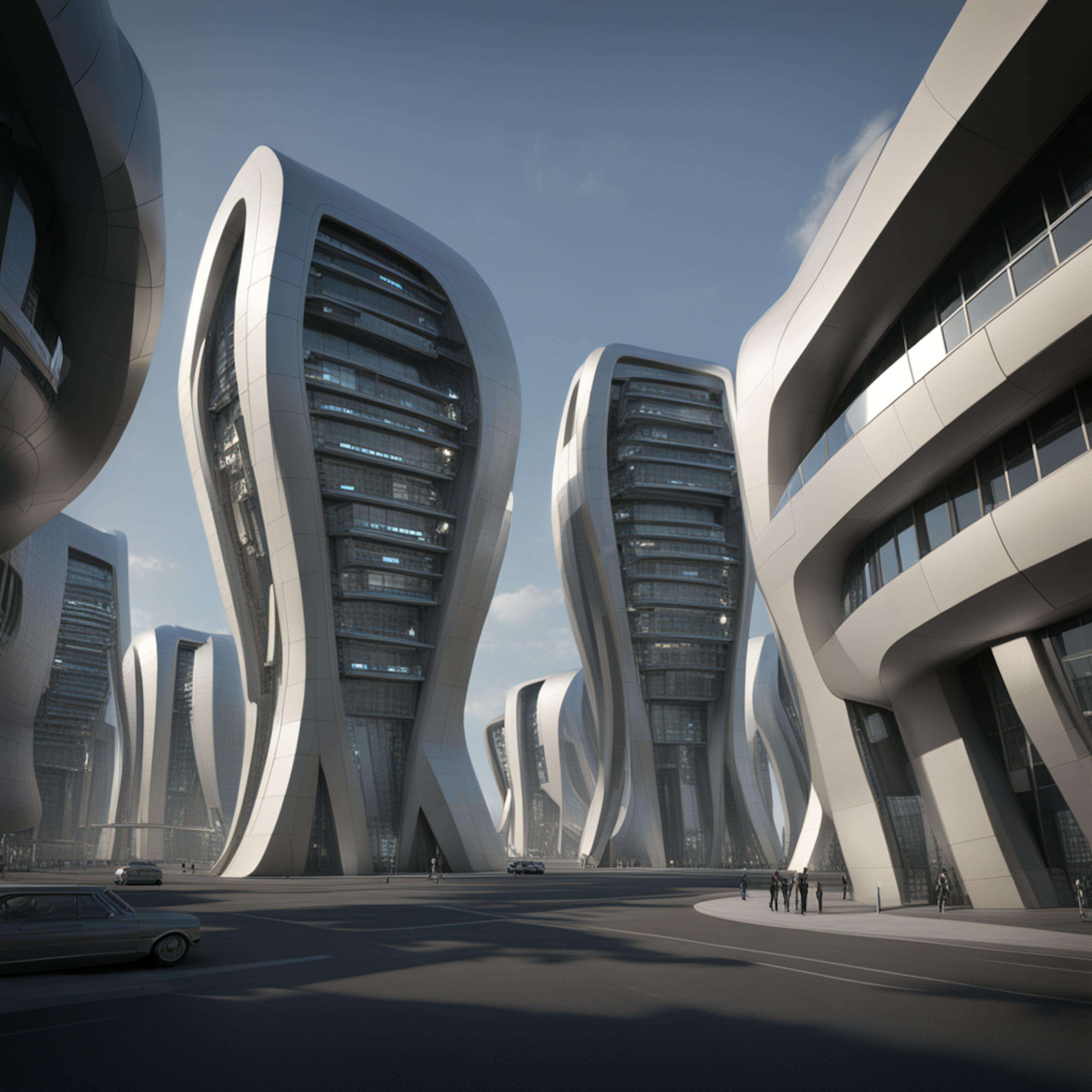 A futuristic cityscape with uniquely curved high-rise buildings, showcasing the fusion of innovative architecture and urban planning, relevant to a digital content marketing strategy focused on technological advancements.