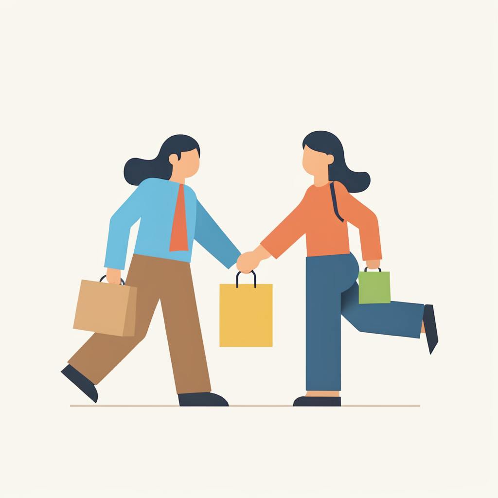 Two people shaking hands, holding shopping bags, symbolizing successful ecommerce email marketing best practices for customer engagement.