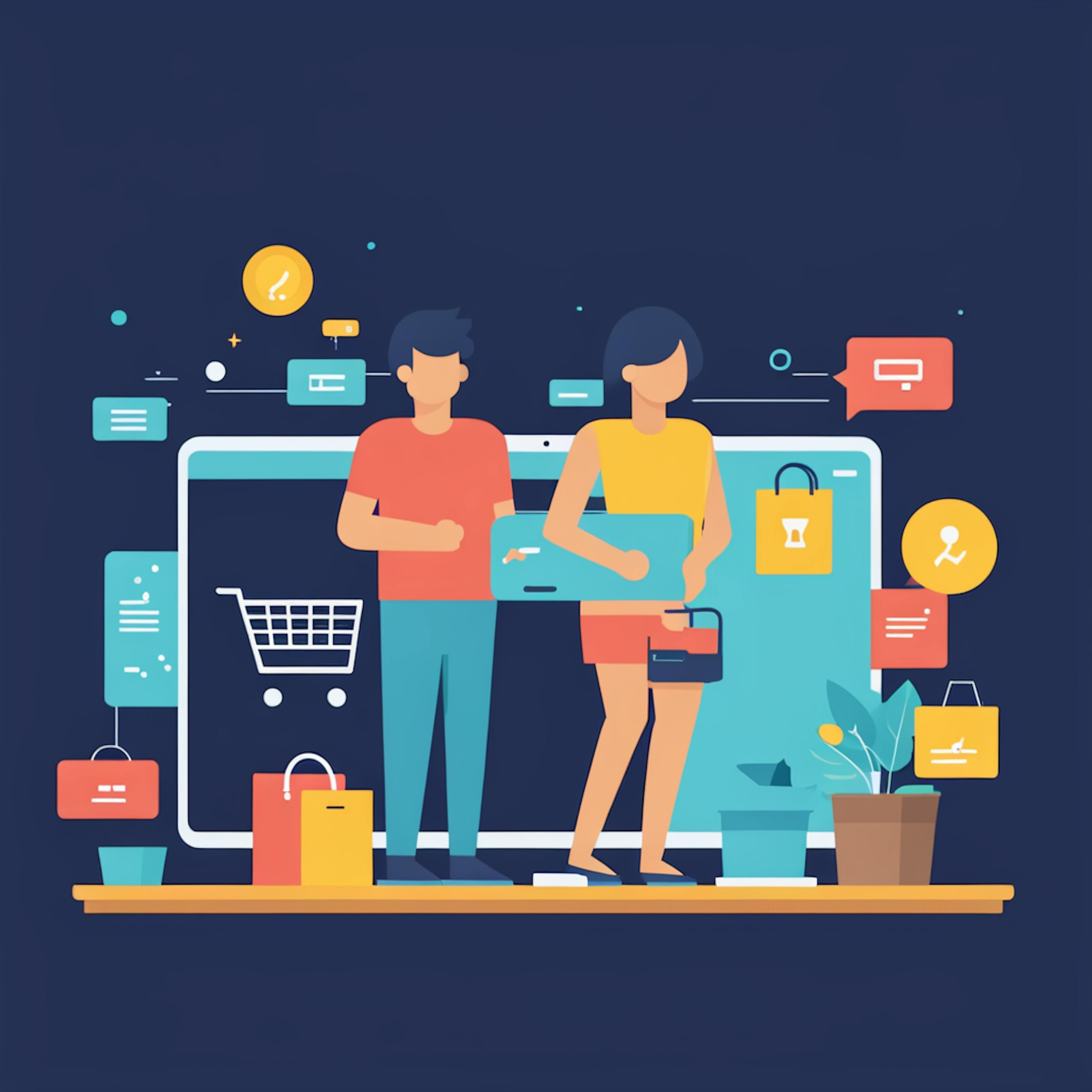 Two characters standing in front of a giant laptop surrounded by shopping bags, icons, and email notifications, representing best practices for ecommerce email marketing.