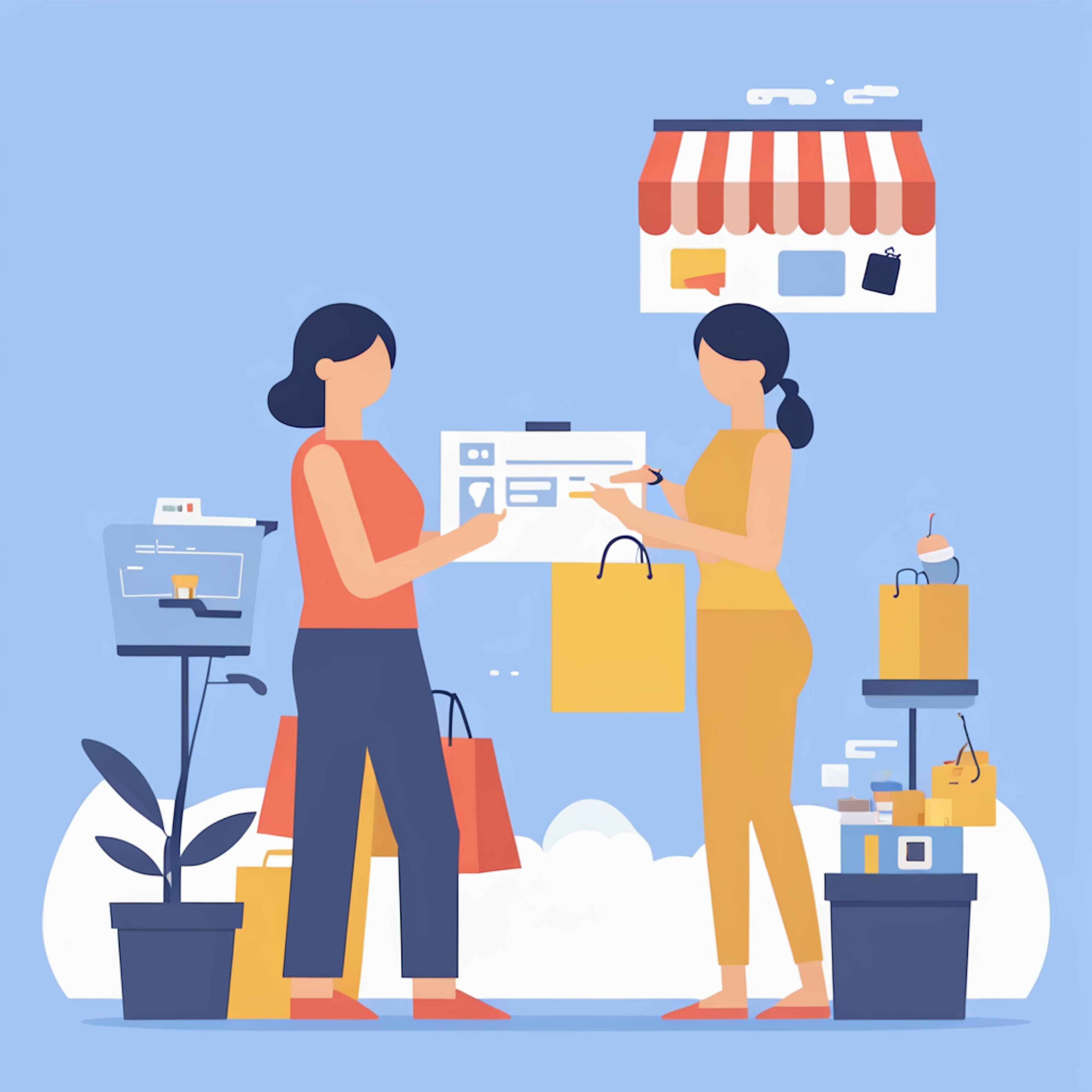 Two characters discussing in front of a shopping cart and store, illustrating ecommerce email marketing best practices for personalized shopping experiences.