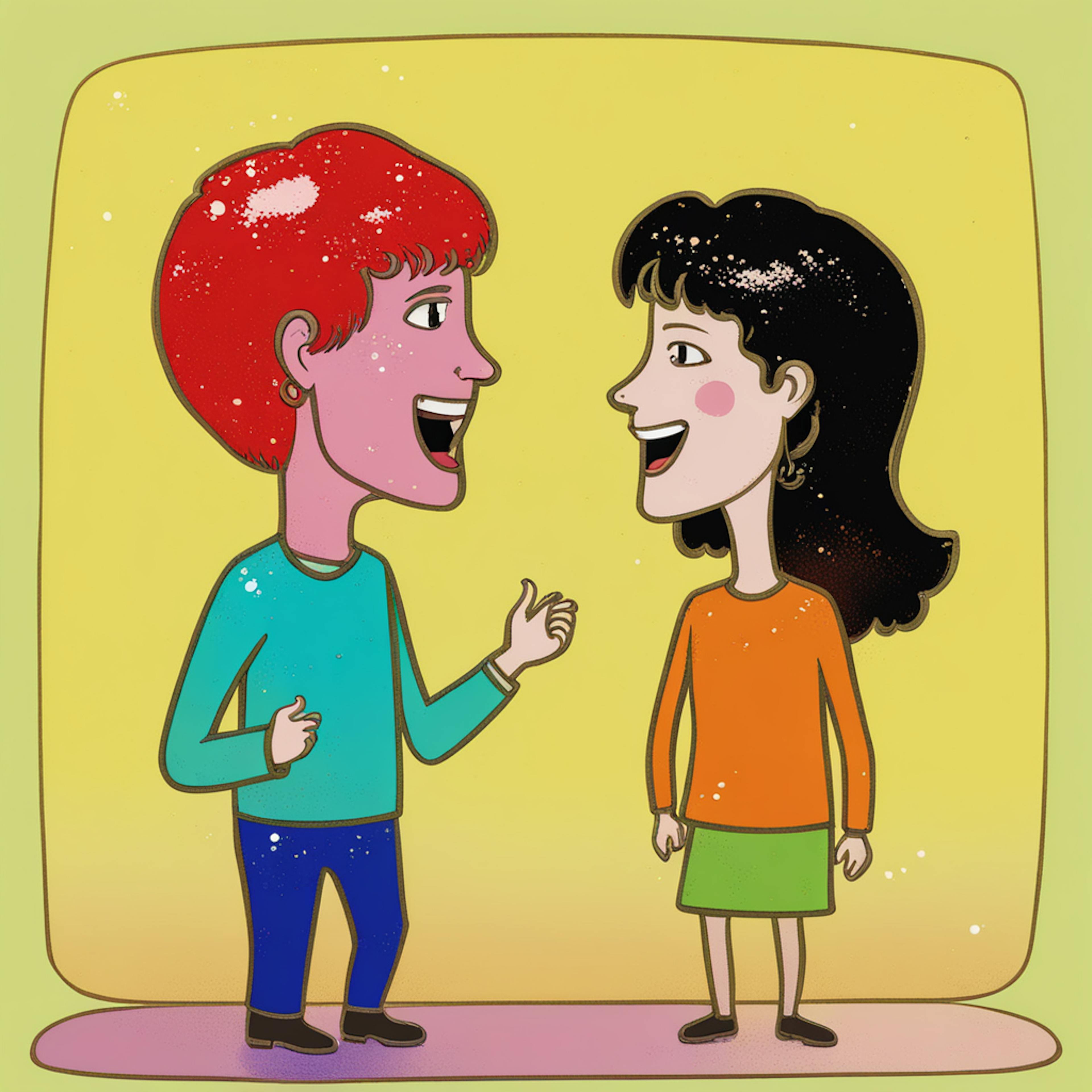 A playful illustration of two people engaging in a lively conversation, highlighting the interpersonal aspect of connecting with customers through an "email and text marketing platform.