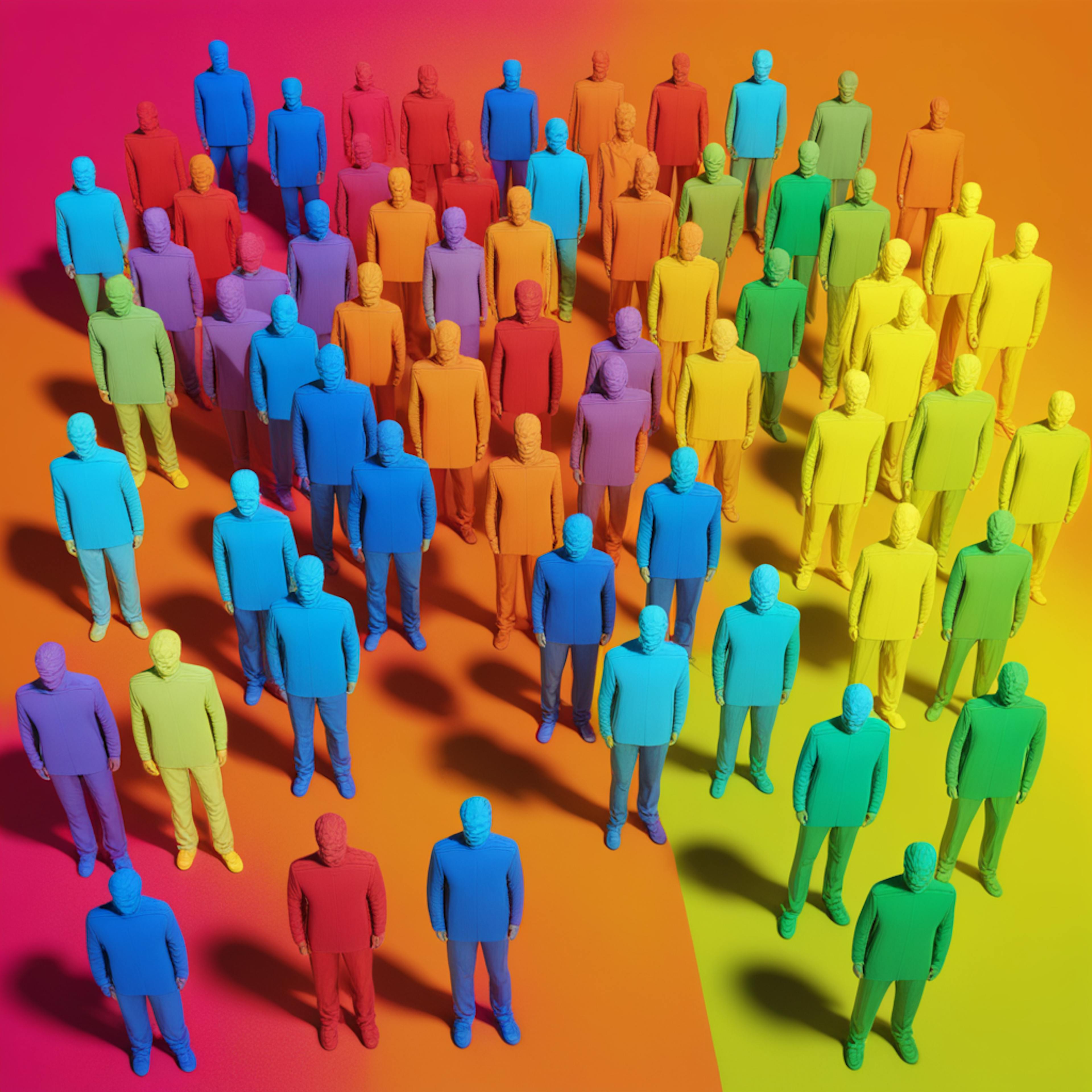 A vibrant collection of people in various colors, standing together in rows, symbolizes a diverse audience for an "email and text marketing platform" that caters to different demographics.