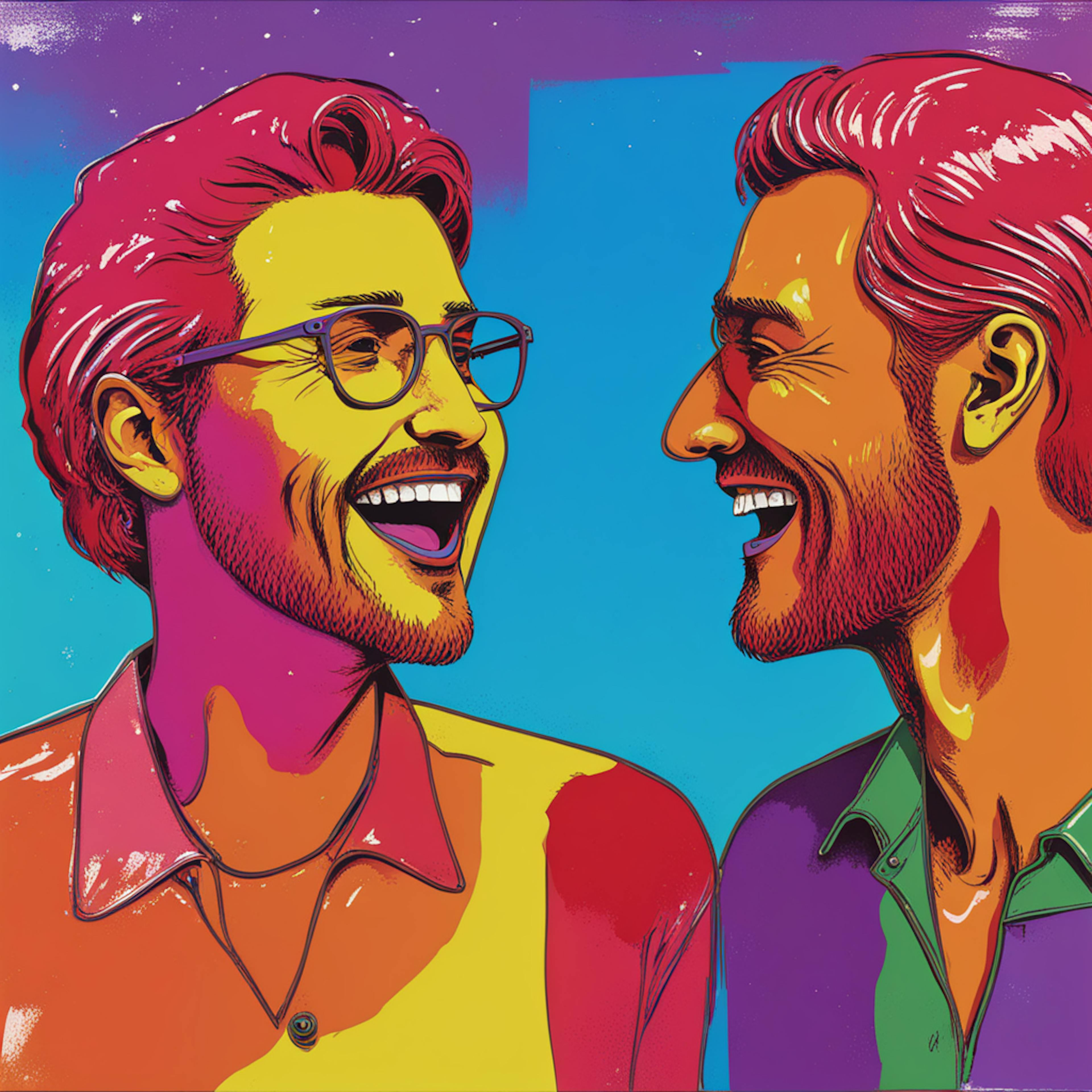 A colorful, pop-art style depiction of two men laughing and talking, representing the engaging and human-centered approach of a successful "email and text marketing platform