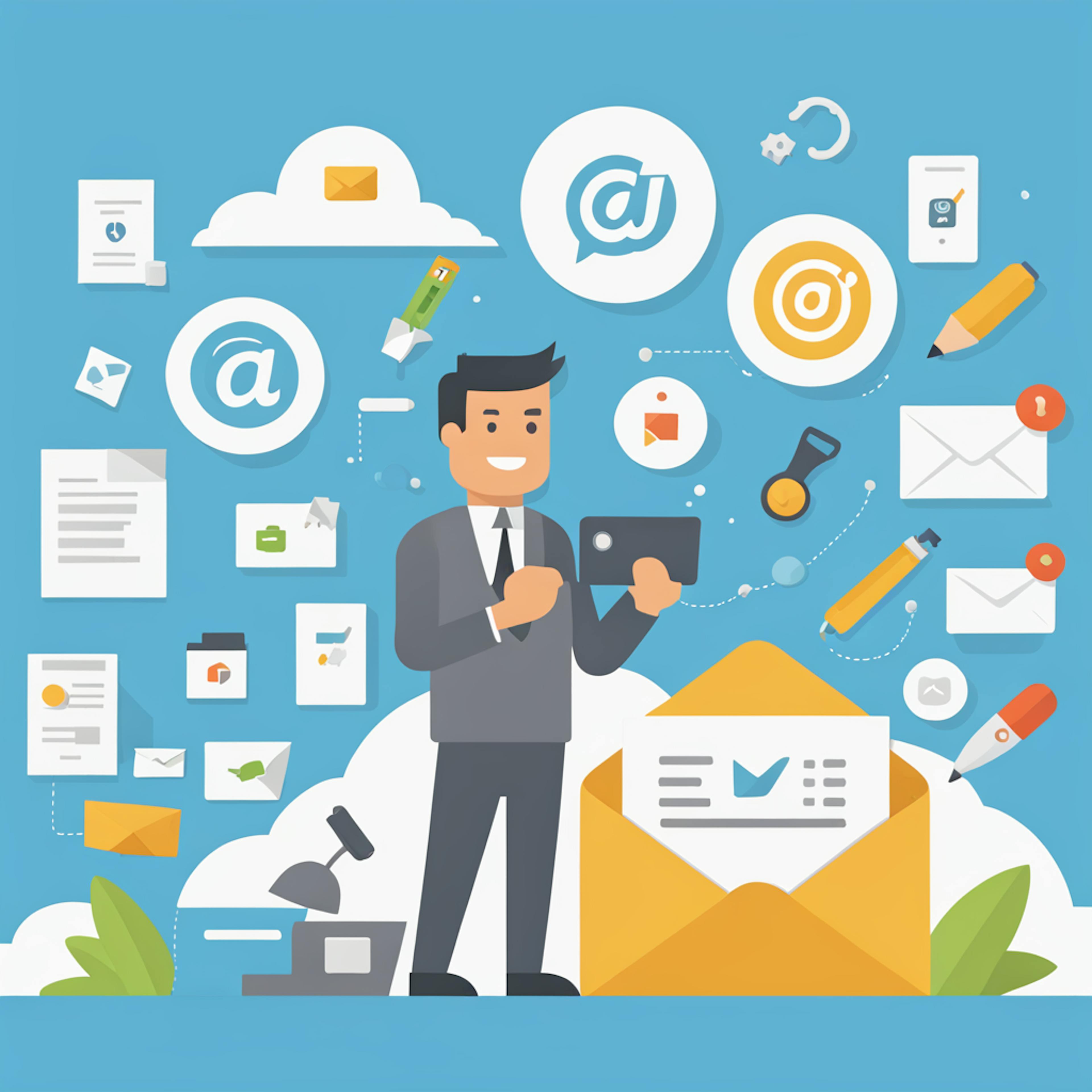 A business professional surrounded by email icons and various digital tools, illustrating the integration of email automation tools with other digital marketing systems to streamline communication and improve efficiency.