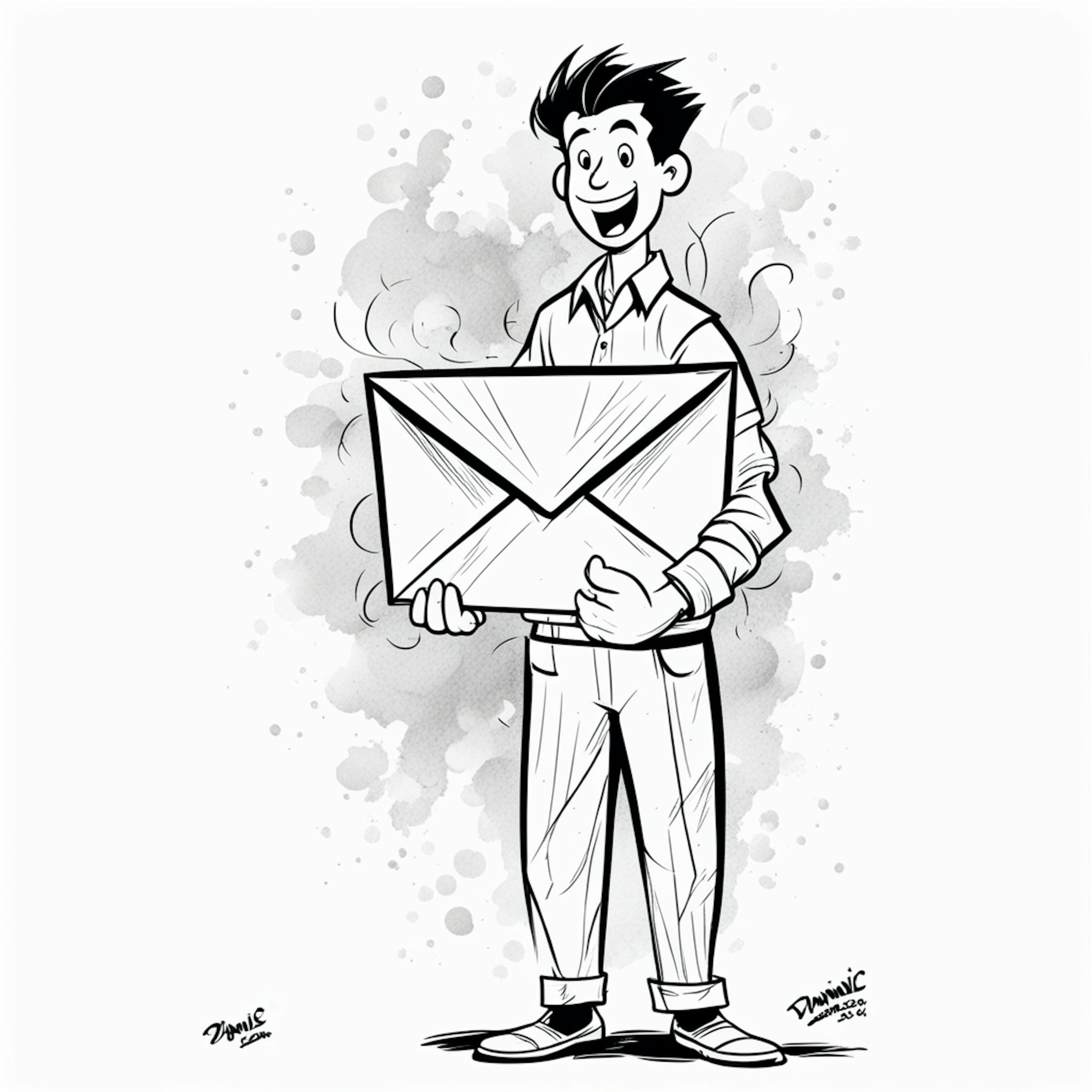 A smiling figure, dressed casually, holds an oversized envelope in both hands. The figure is standing confidently, representing the enthusiastic delivery of an email blast.