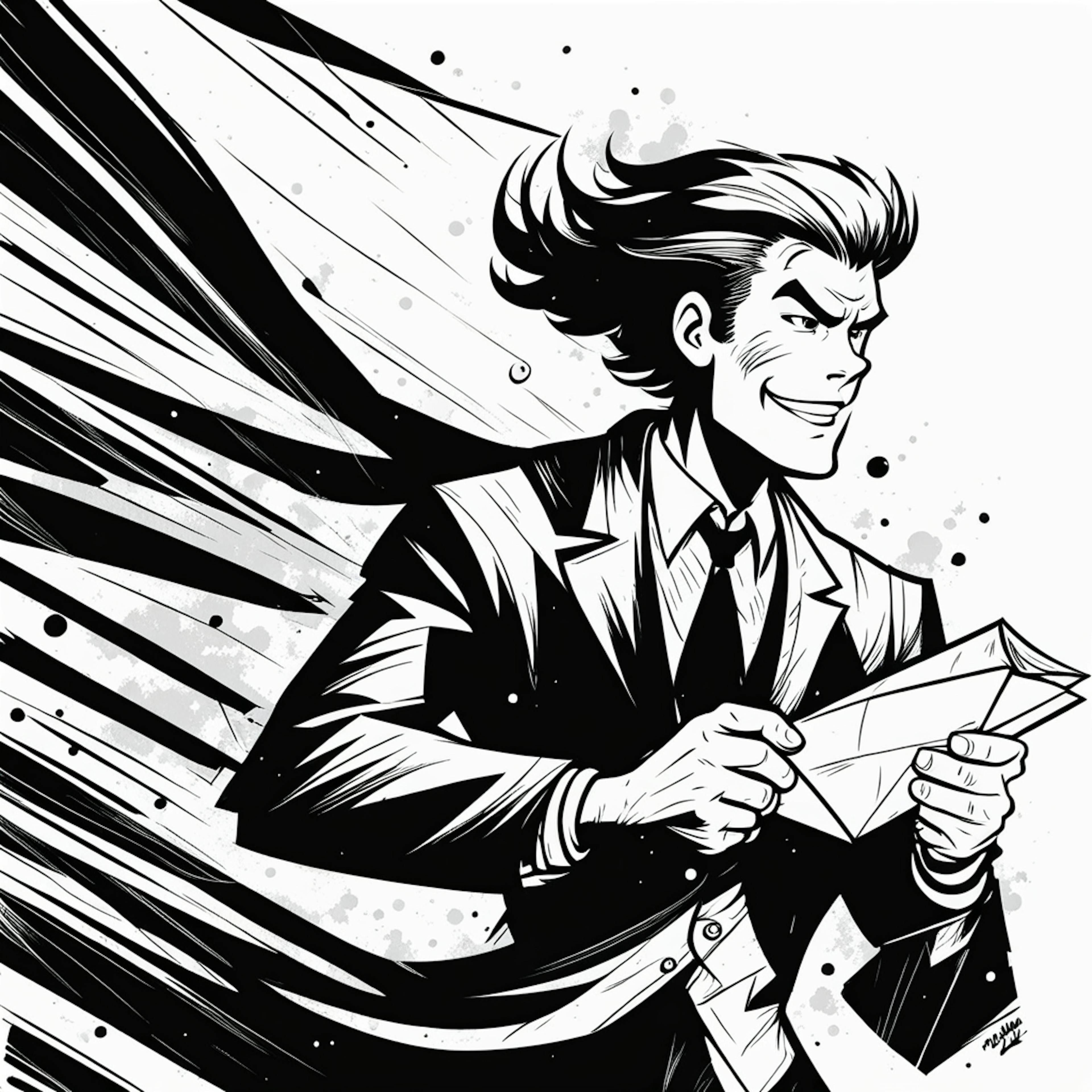 A dynamic black-and-white illustration of a sharp-looking man in a suit, holding an envelope while rushing forward. His hair flows dramatically in the wind, conveying the speed and power of an email blast being sent out rapidly.