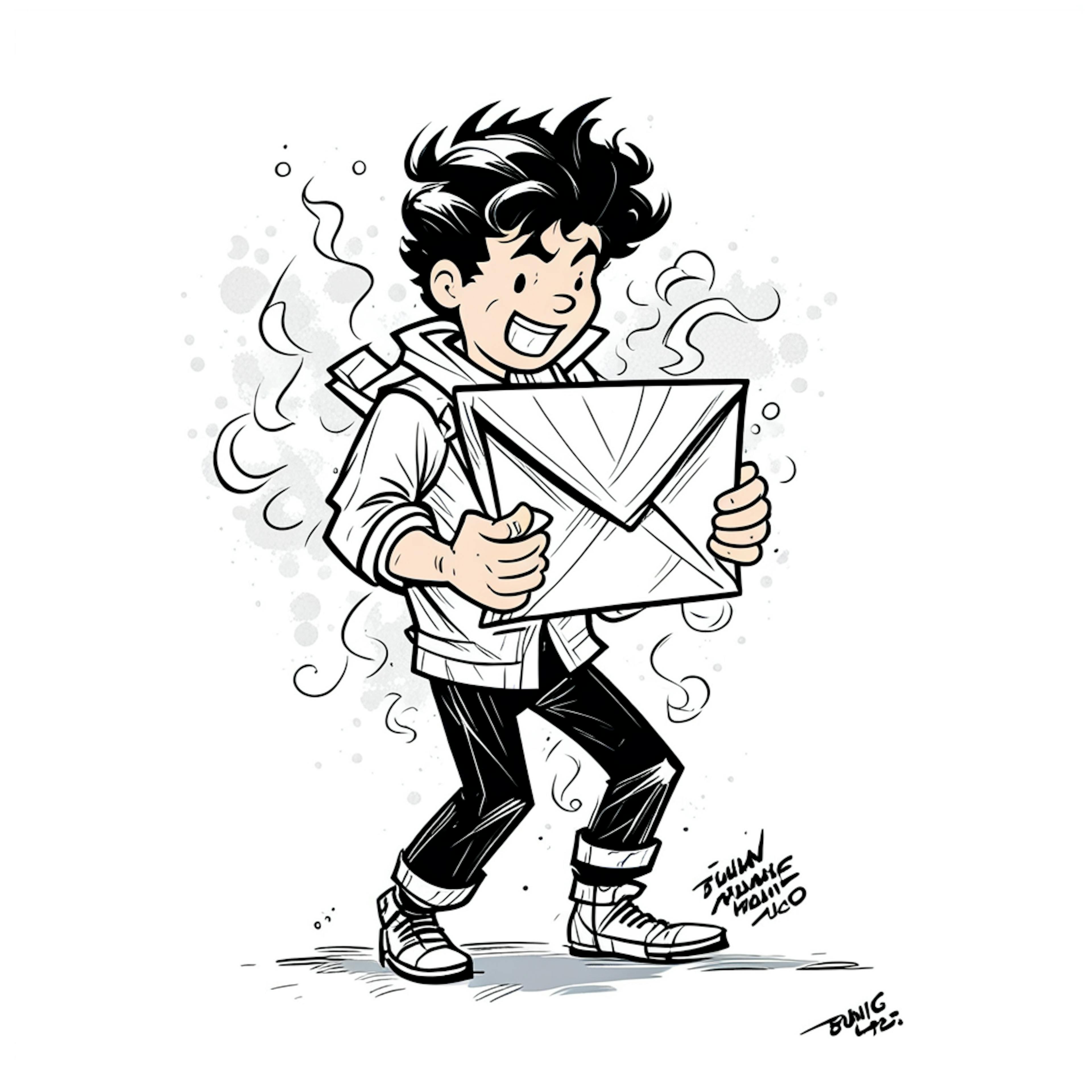 A black-and-white cartoon of a cheerful young man holding a large envelope with a beaming smile. He looks excited and energetic, as if receiving or sending an important email blast.