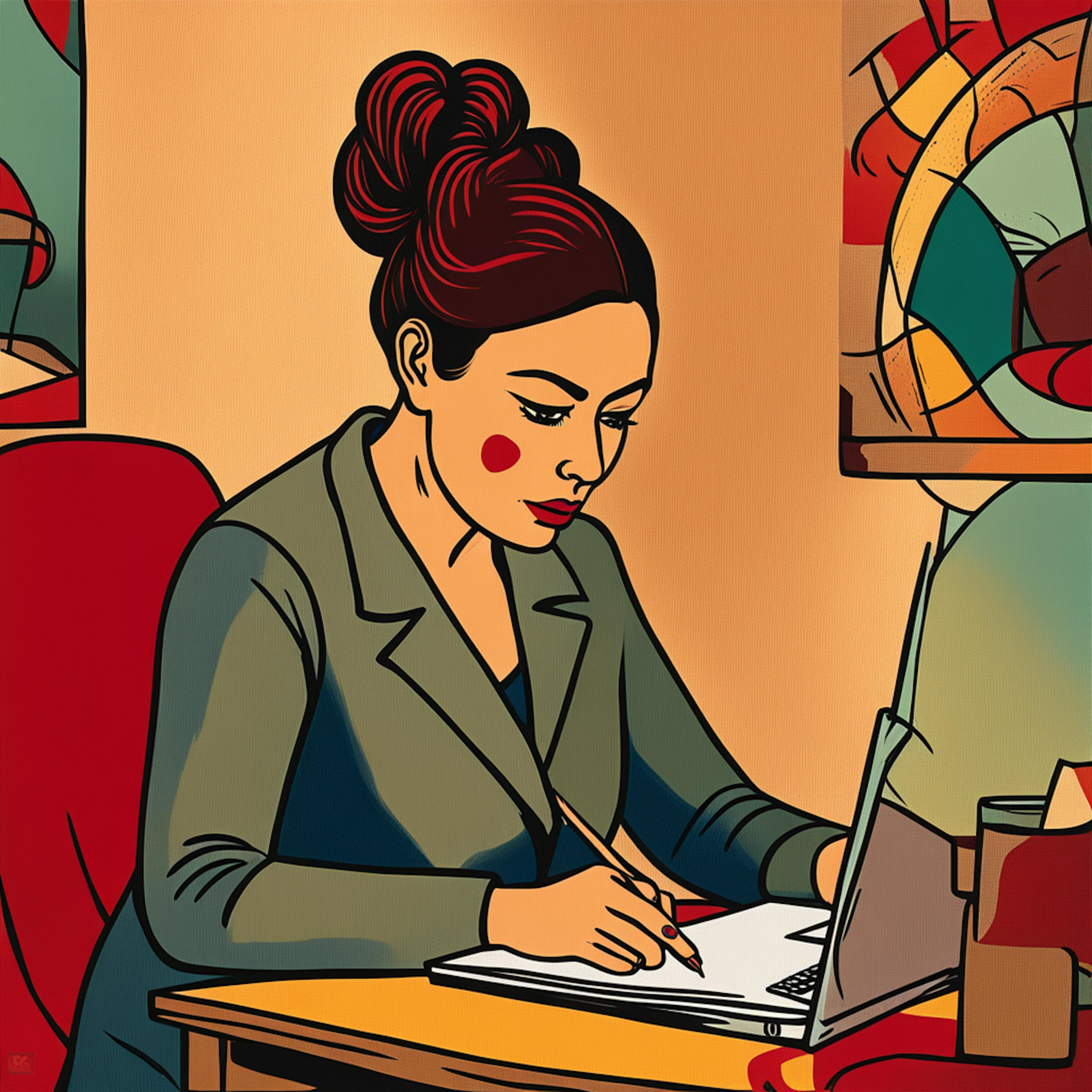 A vibrant, stylized illustration of a woman in a professional suit, sitting at a desk and writing in a notebook while working on her laptop. She appears focused, possibly drafting or reviewing email blast examples for a marketing campaign.