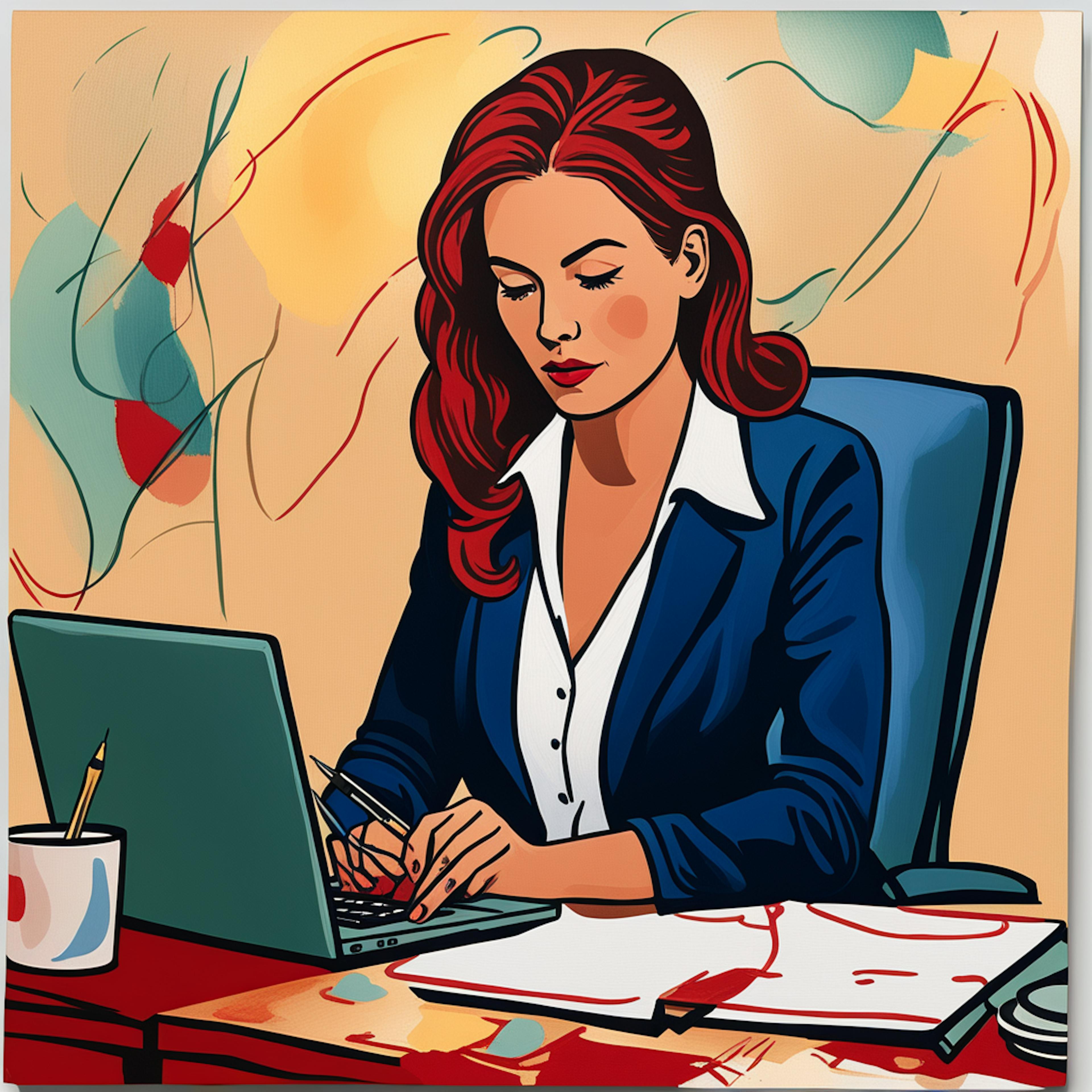 A businesswoman with red hair sits at her desk, attentively typing on her laptop. The colorful background suggests creativity, as she likely works on email blast examples, perfecting content for an email marketing strategy.