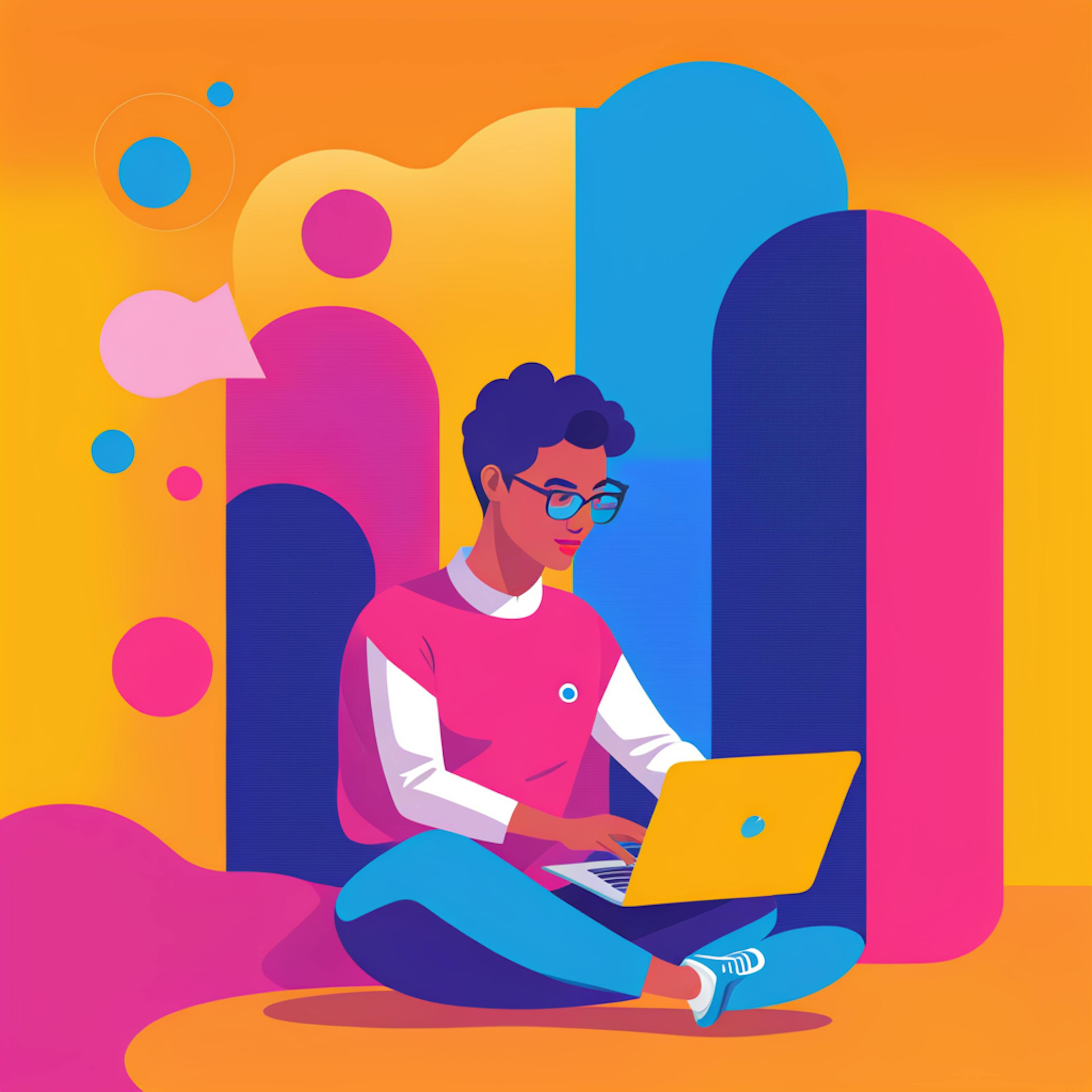 A colorful illustration of a person sitting cross-legged with a laptop, surrounded by vibrant geometric shapes. The relaxed and focused individual represents working on email marketing automation best practices, ensuring campaigns are efficiently managed.