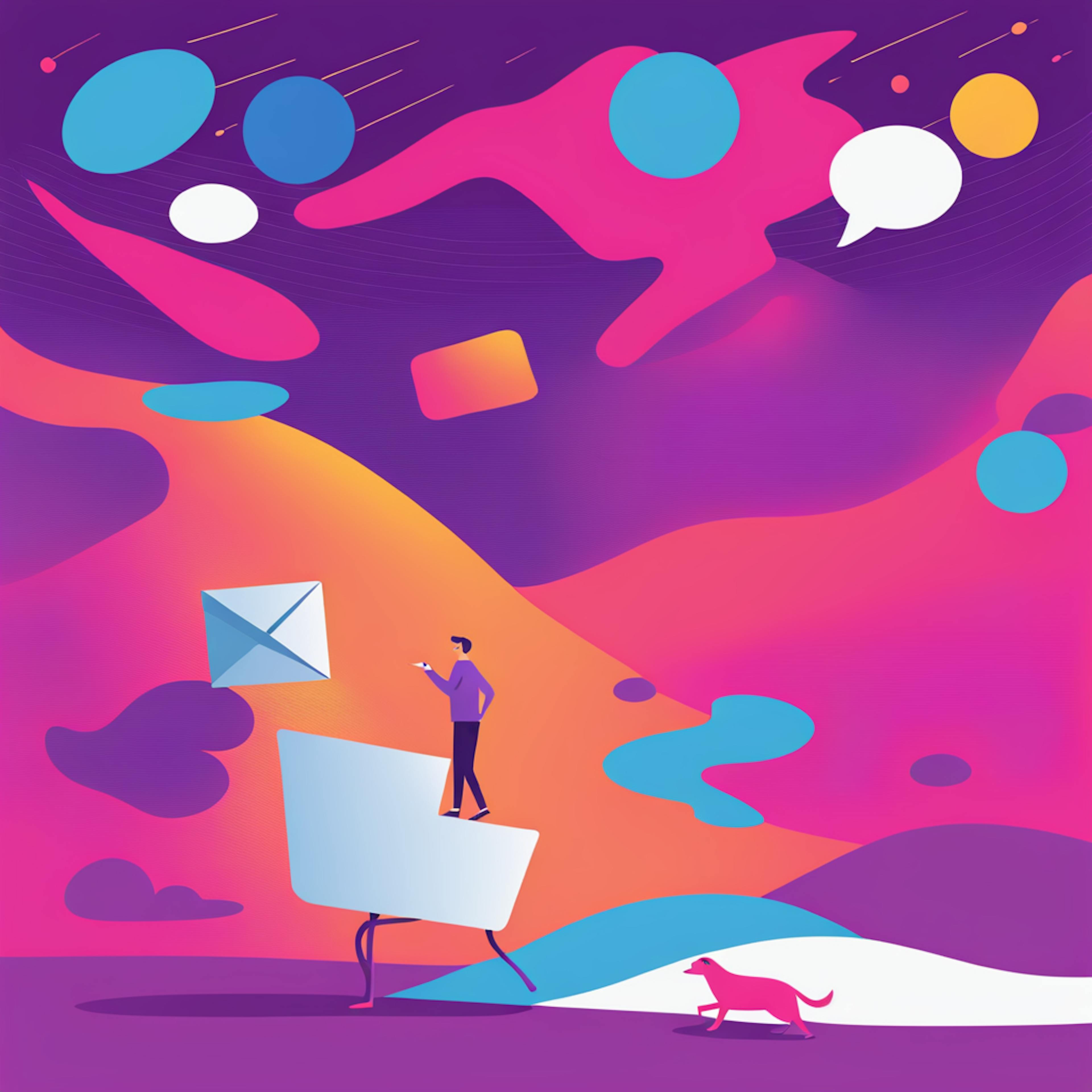 A surreal, abstract landscape with a person standing atop a giant envelope, pointing toward floating email icons in the sky. This image symbolizes exploring email marketing automation best practices to streamline communication and enhance audience reach.