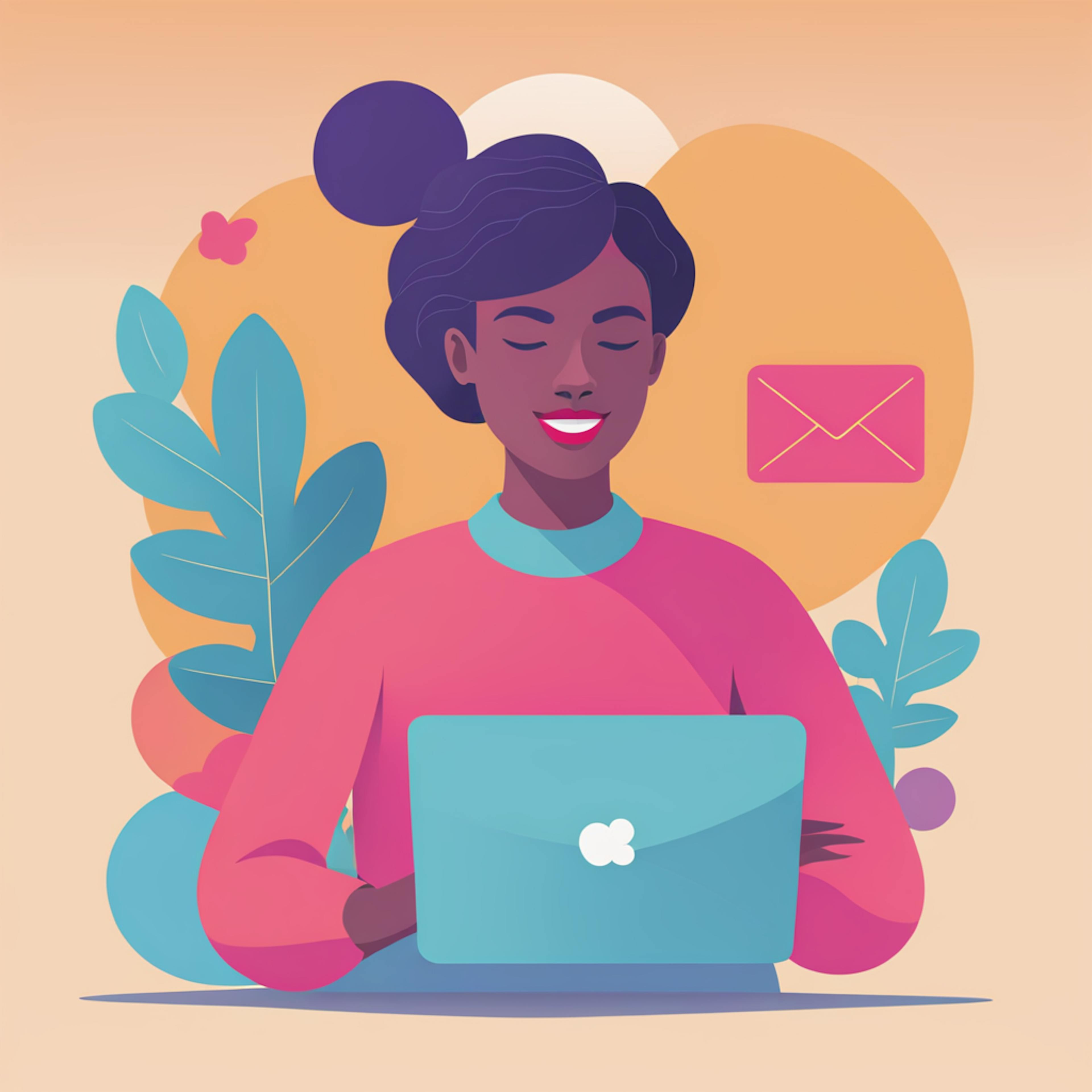 A cheerful woman with a laptop, sitting amidst plants and soft, warm colors. She is smiling and content, representing the ease and success of implementing email marketing automation best practices in her campaigns, with an envelope icon subtly in the background to signify email communication.