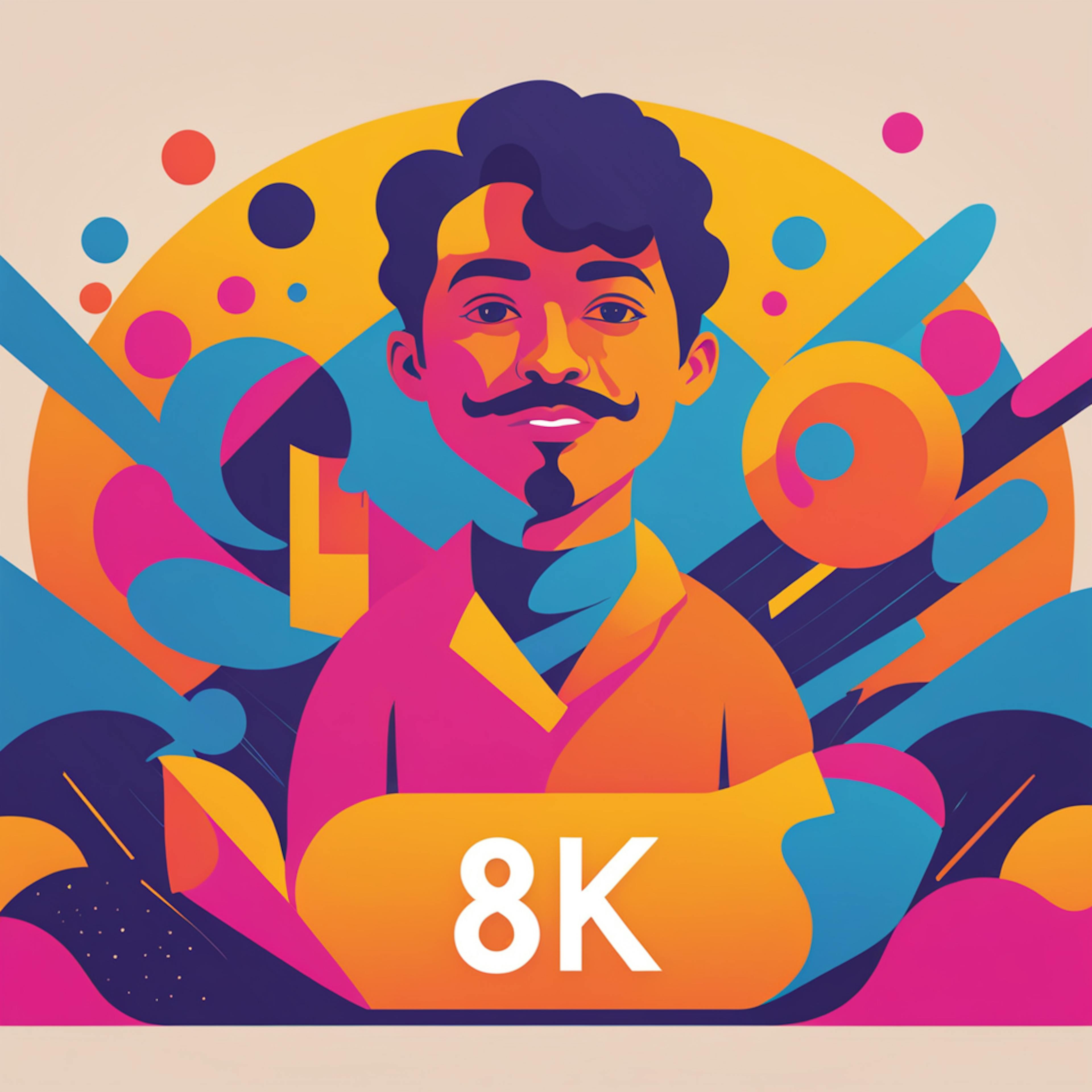 An abstract, brightly colored portrait of a man with a mustache, surrounded by dynamic shapes and labeled with '8K.' This image reflects the high-quality output provided by article writing services, emphasizing attention to detail and professional standards in delivering content.