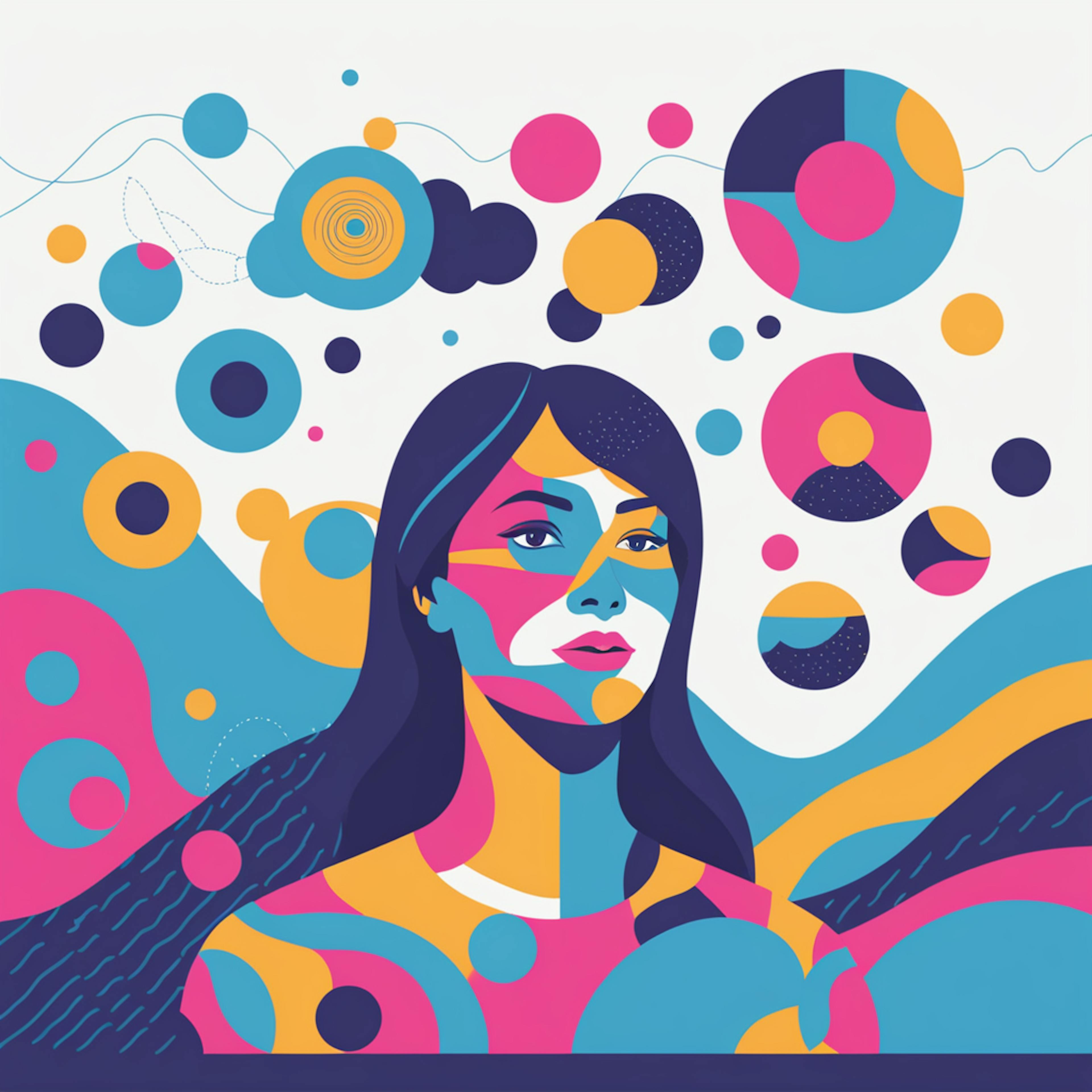 An abstract, vibrant portrait of a woman surrounded by colorful circles and patterns. This image represents the creativity and diversity offered by article writing services, symbolizing the blend of structure and imagination in creating engaging content.